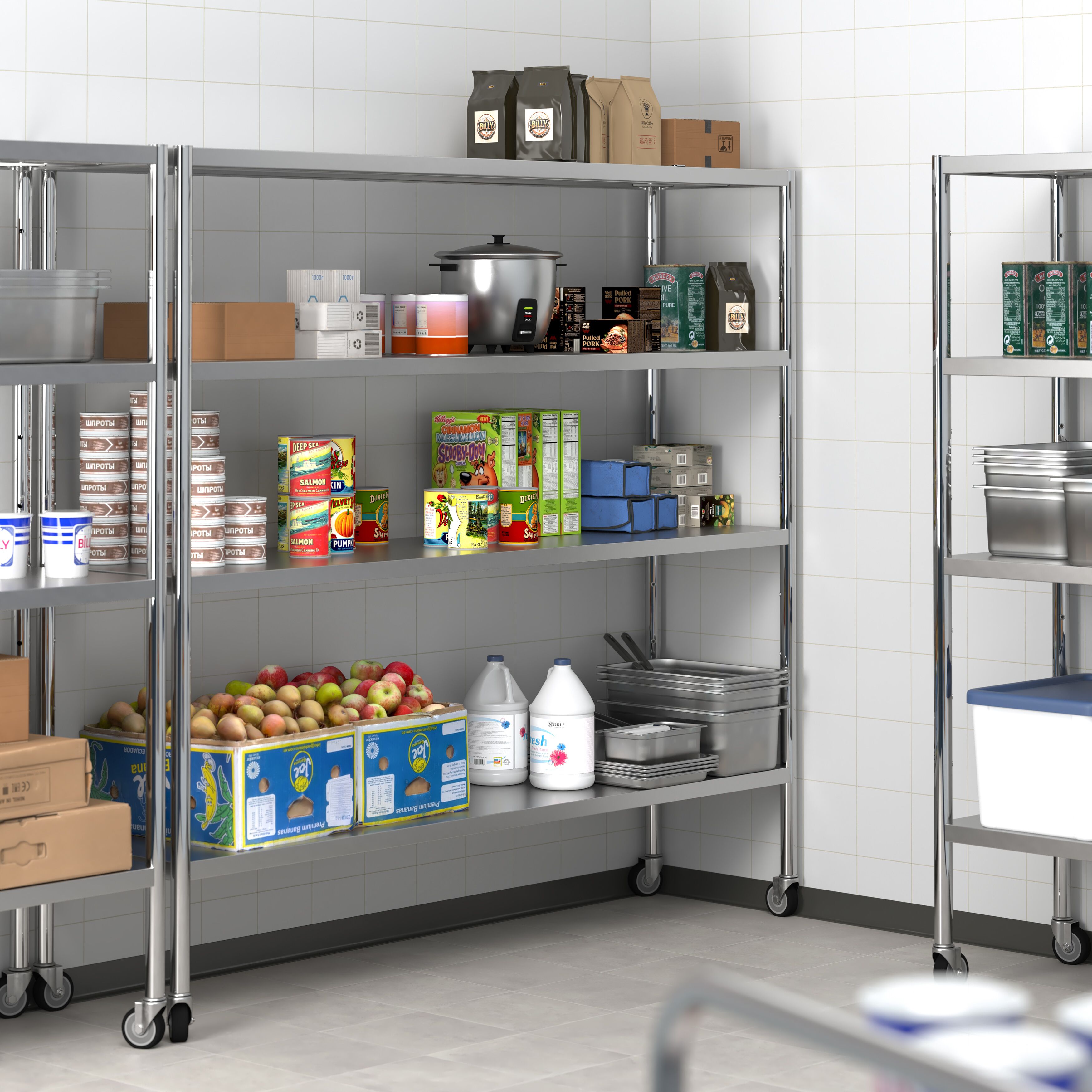 Étagère en inox PREMIUM - 1800 x 500 mm - avec 4 étagères (réglables) - incl. 4 roulettes