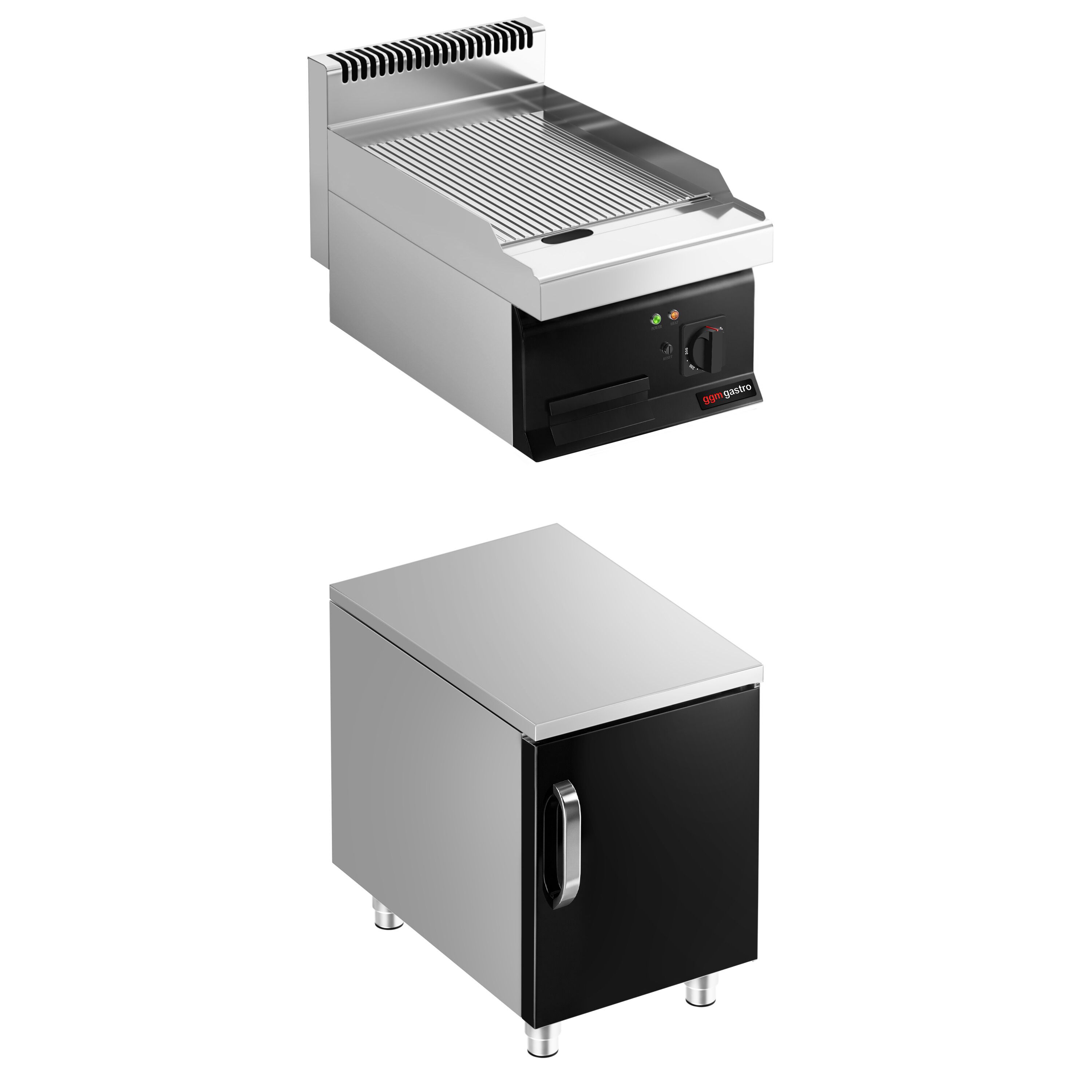 Plancha électrique - plaque acier - 8,0 kW - Rainurée - Surface de cuisson : 395x535mm - incl. soubassement avec 1 porte