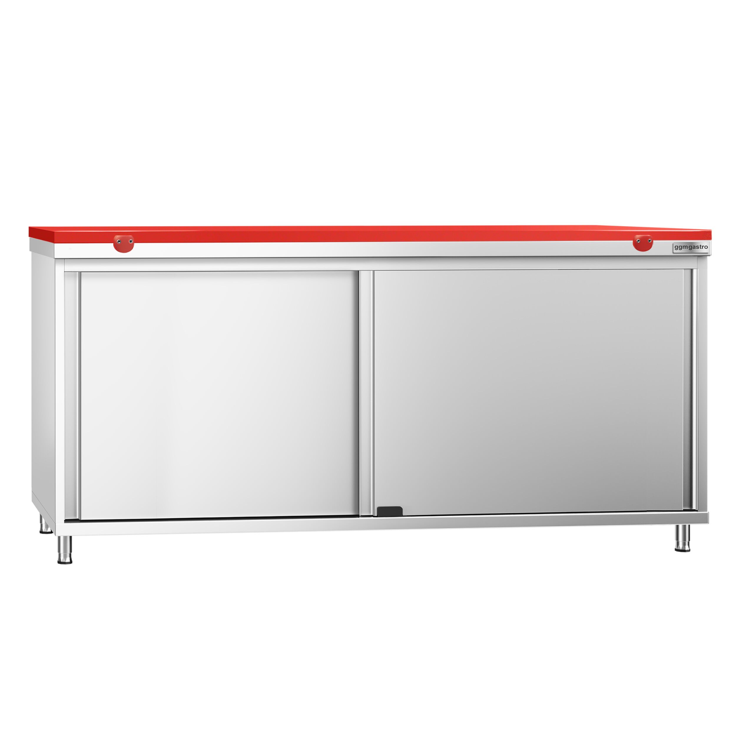 Table armoire en acier inoxydable PREMIUM - 1800x600mm - avec portes coulissantes et étagère basse - pour viande crue - incl. plateau de découpe Rouge PEHD (HACCP)