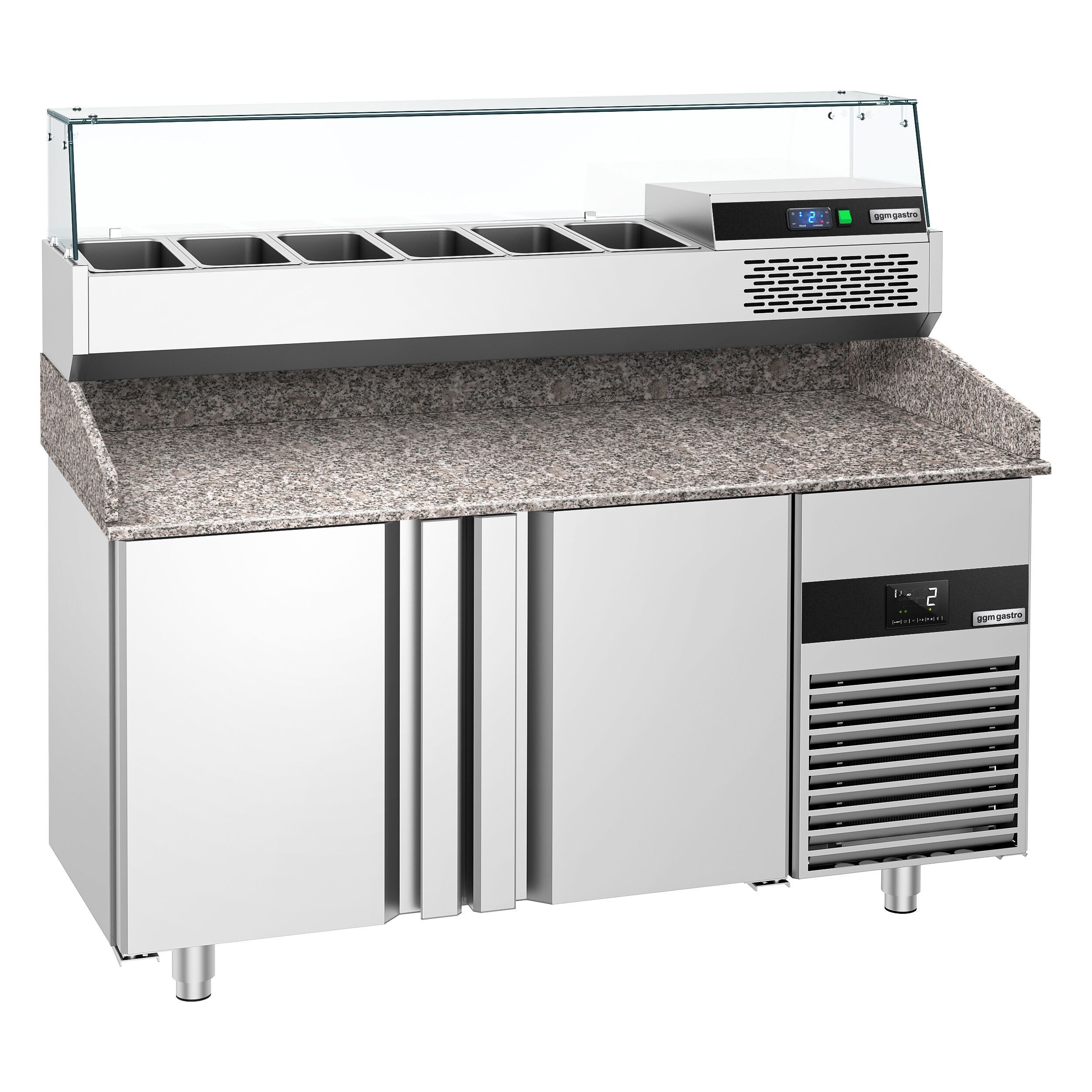 Table réfrigérée à pizza PREMIUM - 1550x800 mm - avec 2 portes - incl. vitrine réfrigérée - 6x GN 1/3