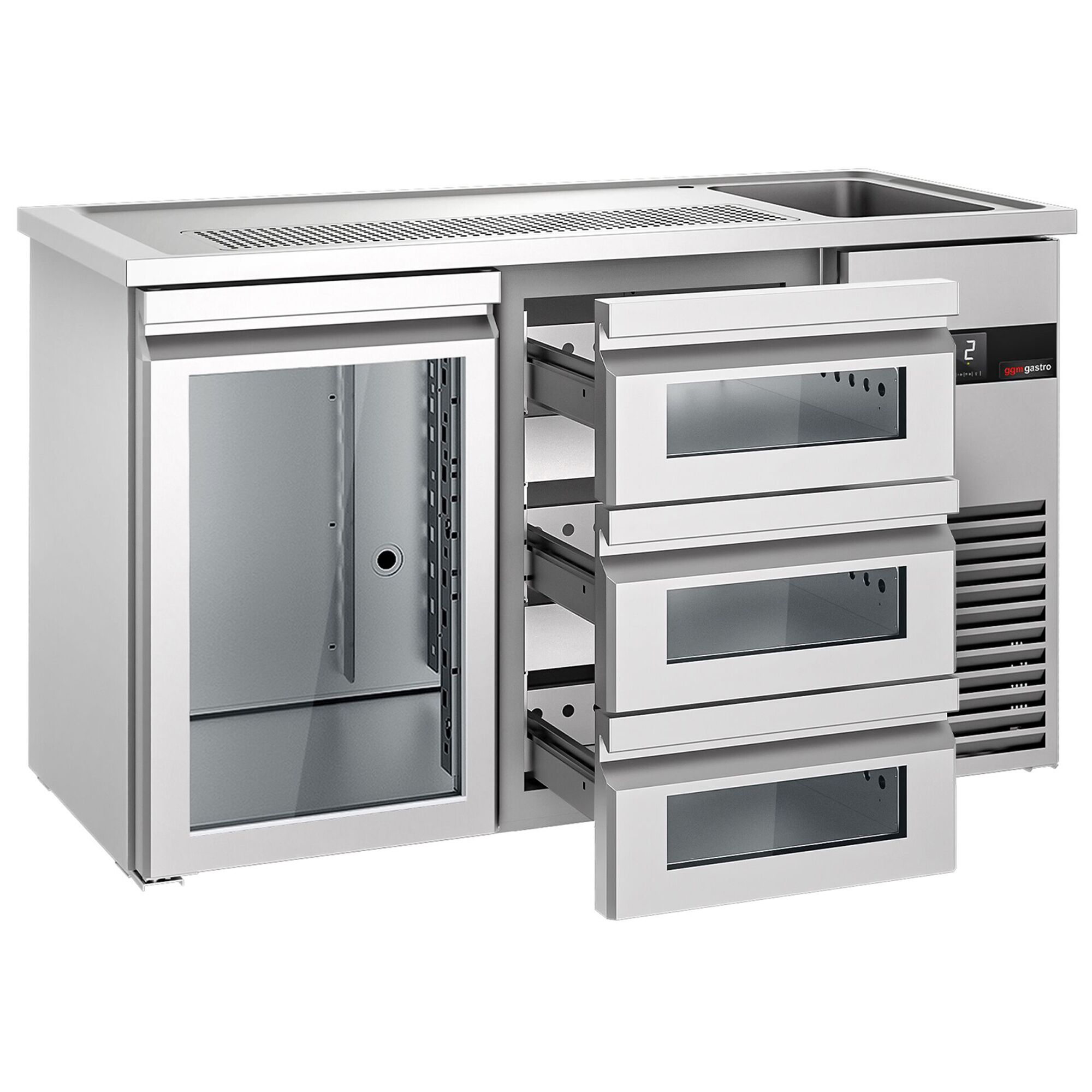 Comptoir de bar réfrigéré PREMIUM - 1550x700mm - 1 porte vitrée & 3 tiroirs en verre