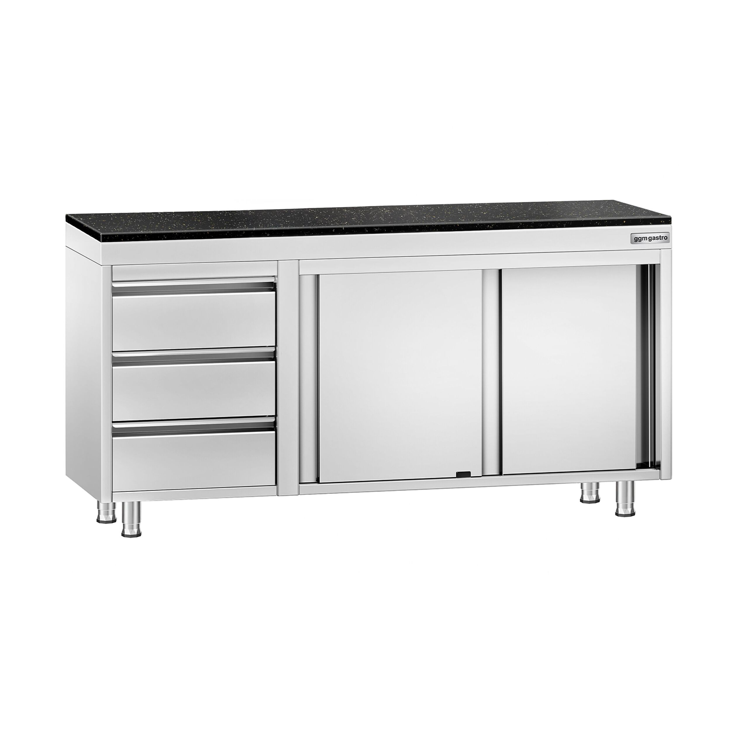 Roestvrijstalen werkkast PREMIUM - 1600 x 600 mm - met 3 lades links - incl. granieten werkblad