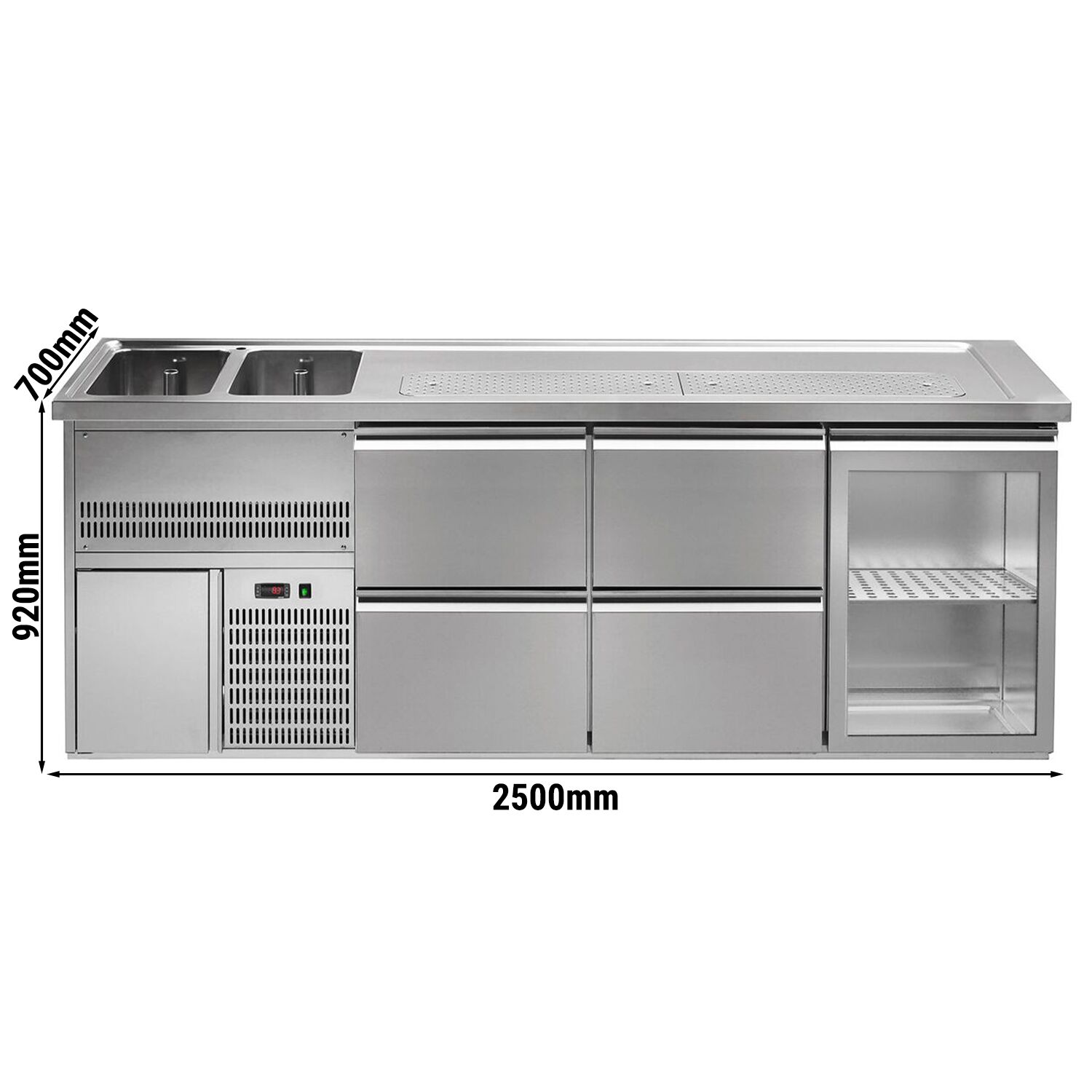Comptoir de bar réfrigéré Premium PLUS - 2500x700mm - 1 porte vitrée & 4 tiroirs