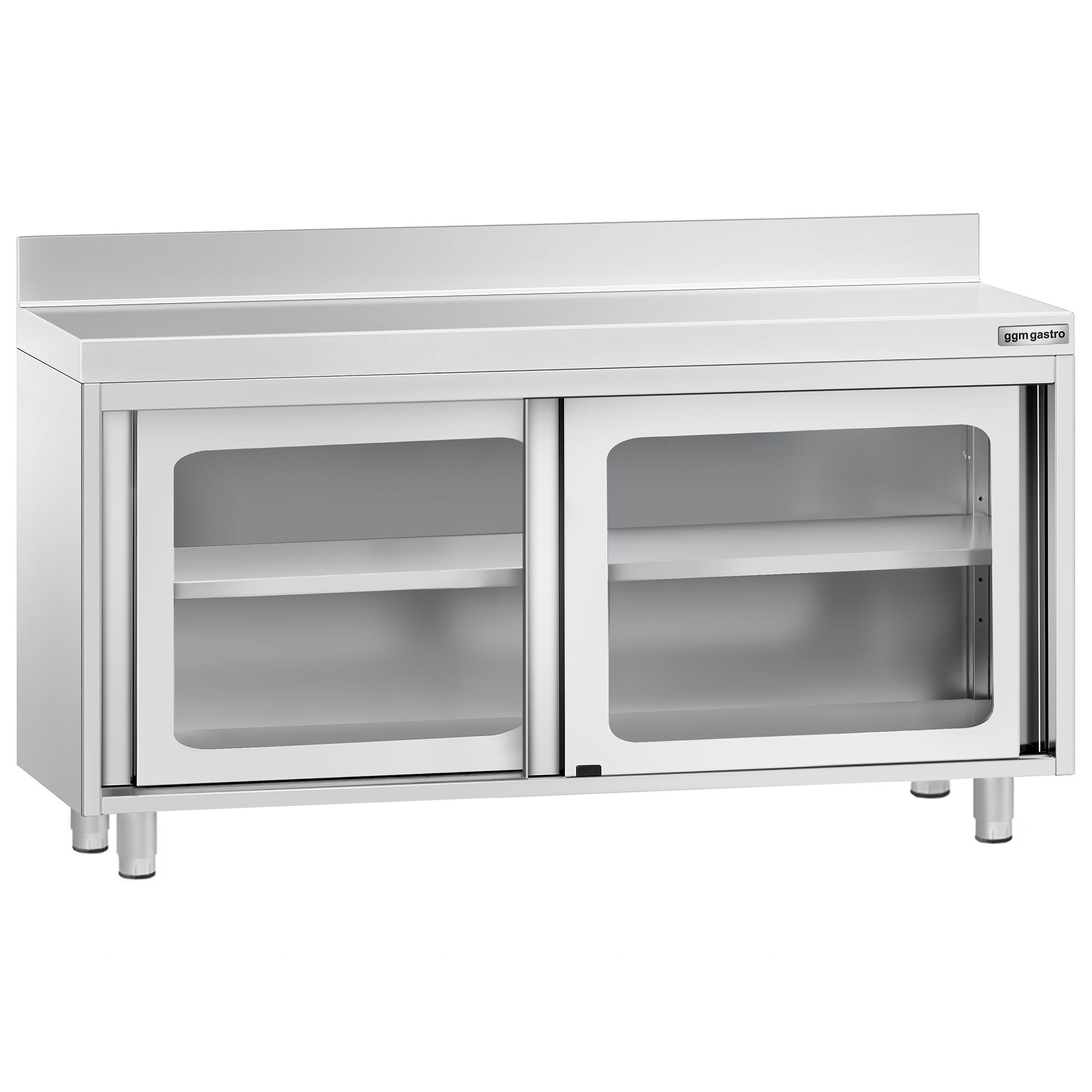 Table armoire en acier inoxydable PREMIUM - 1400x600mm - avec portes coulissantes vitrées - avec dosseret