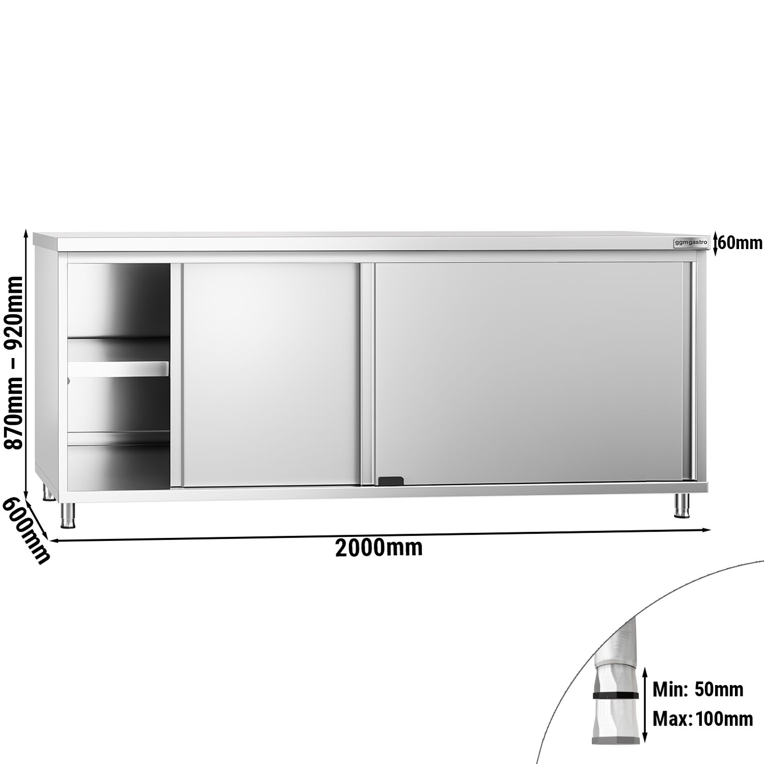 Stainless Steel Floor Cupboard PREMIUM - 2000x600mm - with Sliding Doors