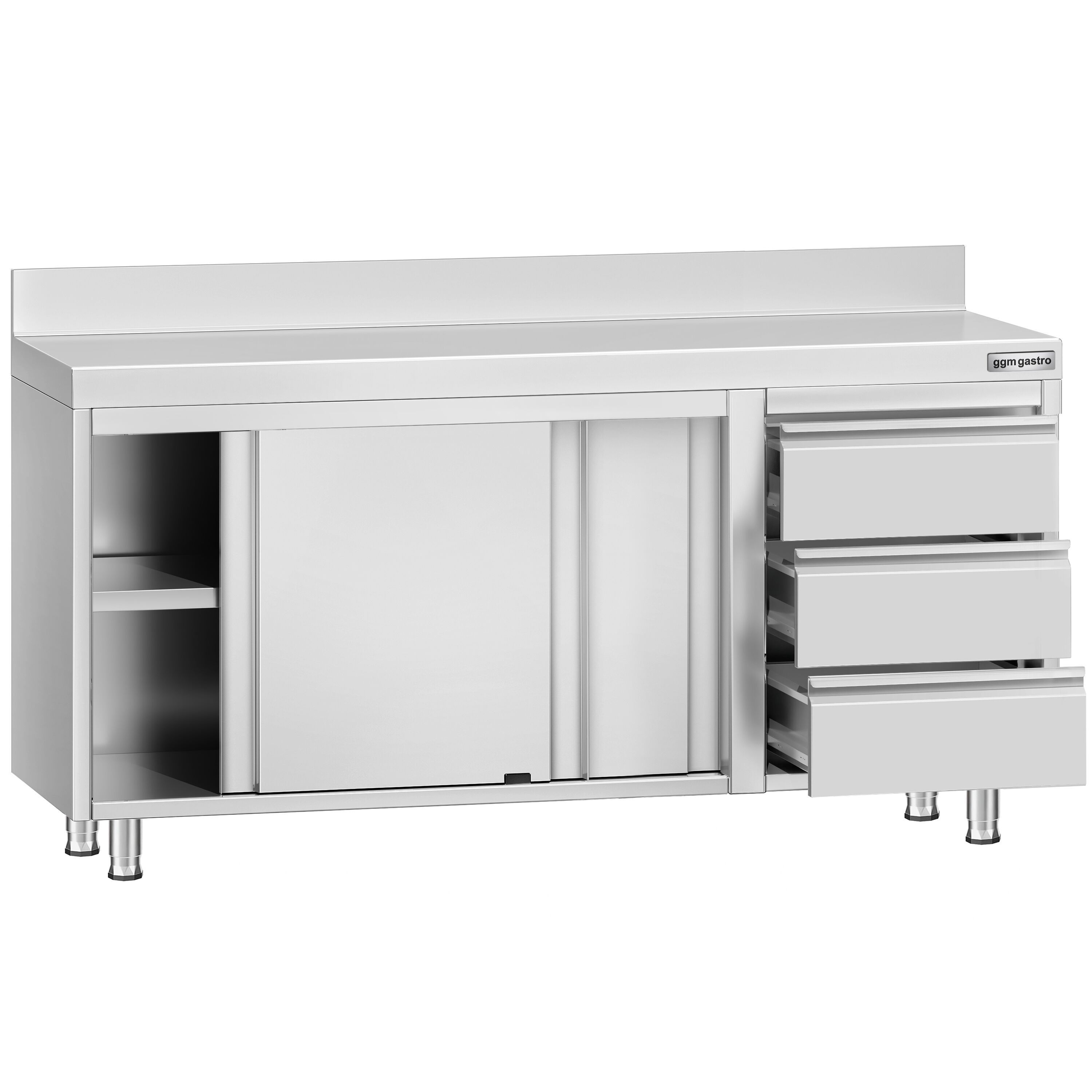 Table armoire en acier inoxydable ECO - 1600x600mm - avec 3 tiroirs à droite et portes coulissantes - avec dosseret