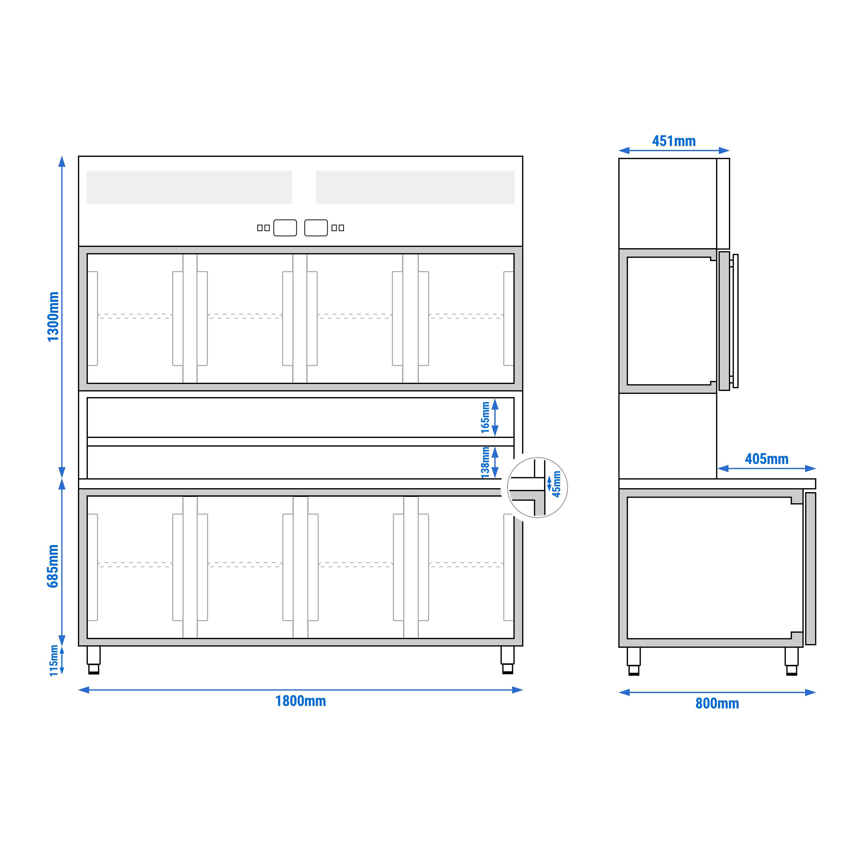 Table réfrigérée avec étagère murale réfrigérée - 1800x800 mm - 4 portes vitrées en haut, 4 portes en bas - surface de travail