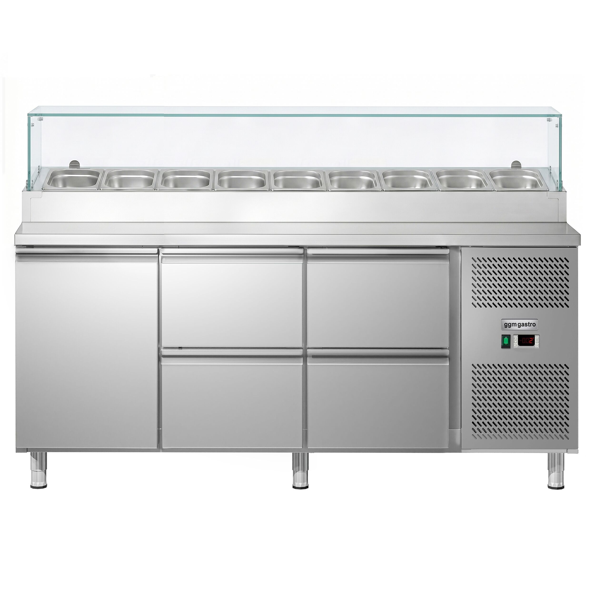 Zubereitungstisch ECO - 1795mm - 1 Tür & 4 Schubladen - mit Glasaufsatz - für 9x GN 1/3