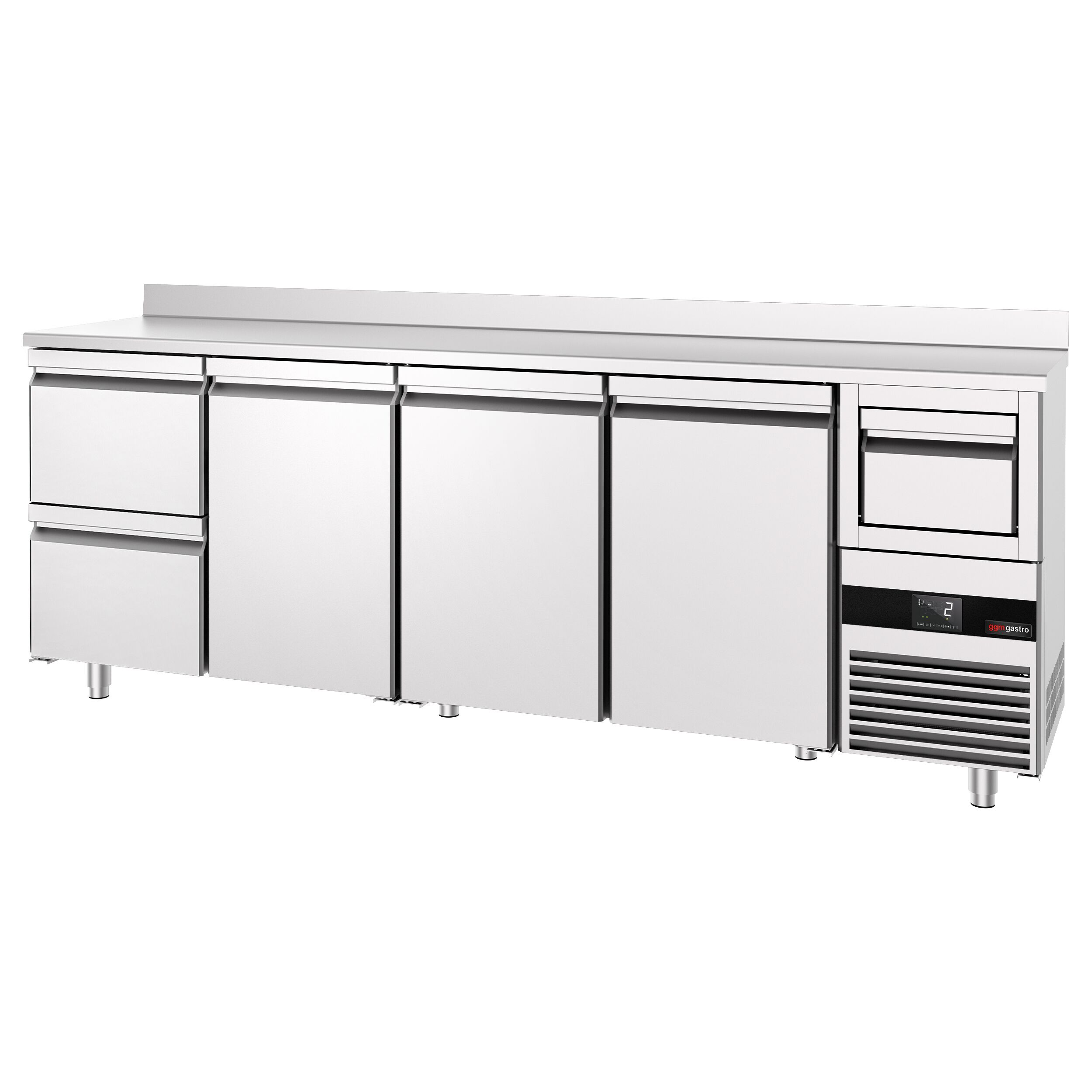 Arrière-bar réfrigéré professionnel  PREMIUM - 2690 x 600 mm - avec 3 portes et 2 tiroirs - avec dosseret - avec tiroir à marc de café