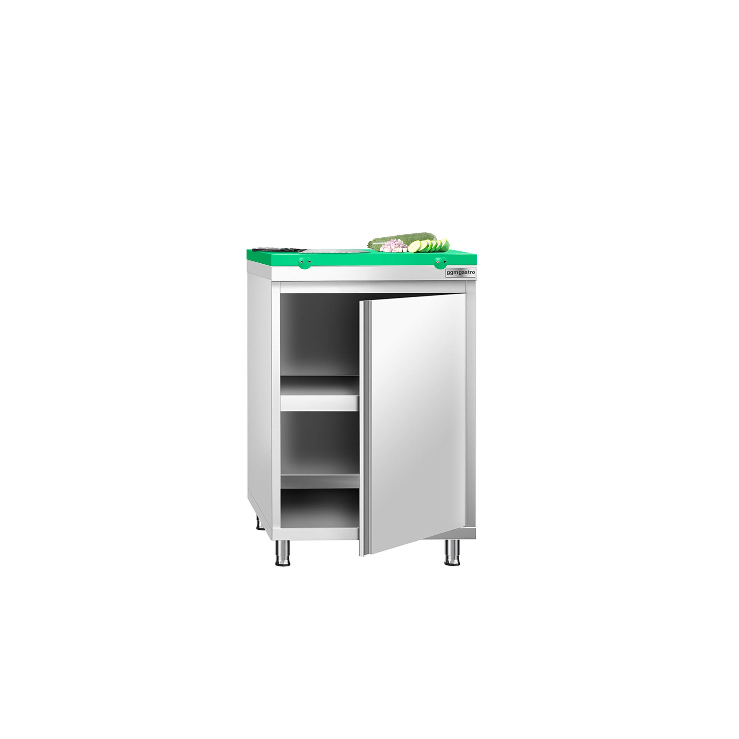 Table armoire en acier inoxydable PREMIUM - 600x600mm - avec porte battante - incl. plateau de découpe Vert PEHD (HACCP) - pour fruits et légumes