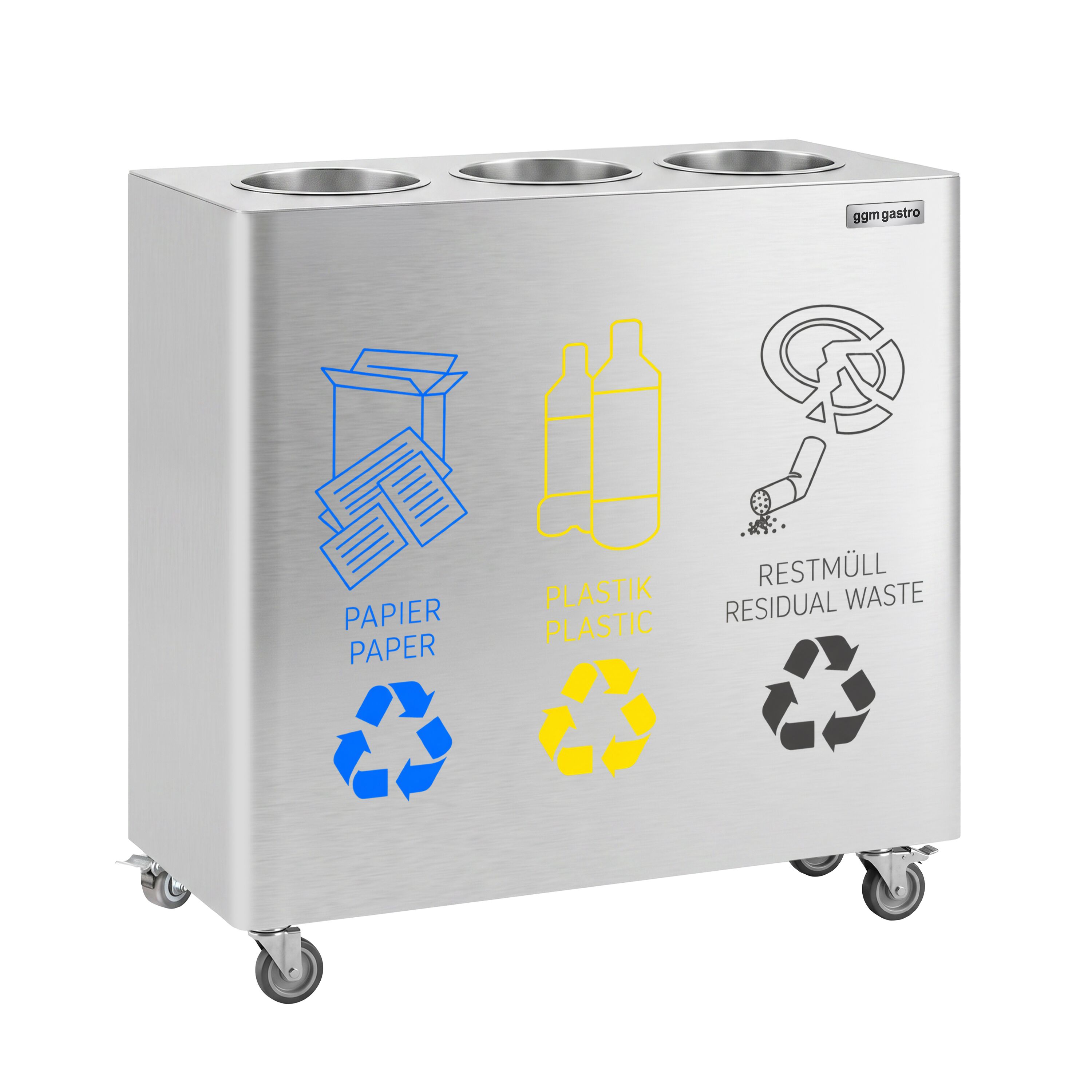 Waste sorting system – 3 bins, 30 litres each – stainless steel – with 4 castors