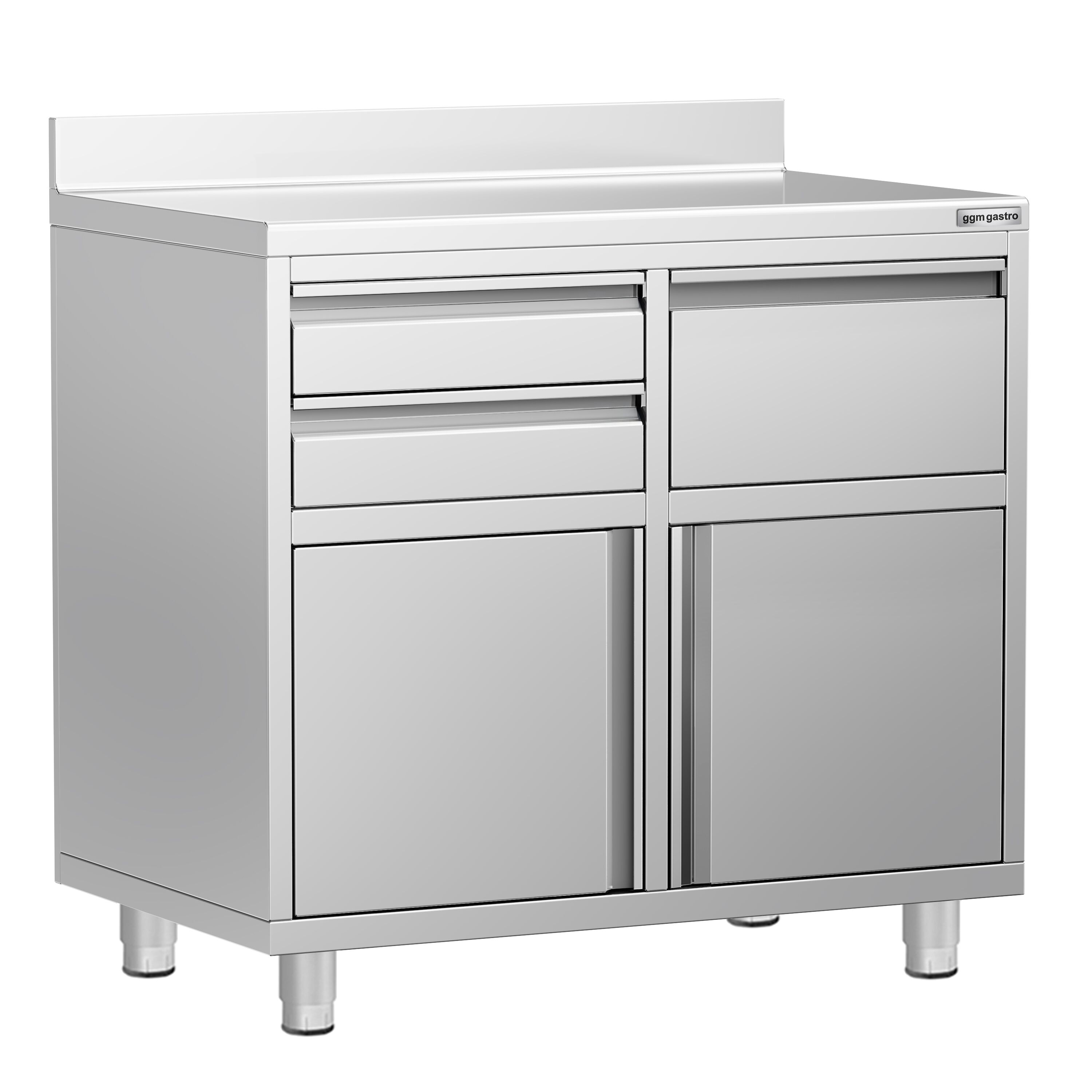 Armoire de travail PREMIUM pour machine à café filtre - 1000x600mm - avec dosseret - 2 tiroirs, 1 porte battante, 1 tiroir à marc de café