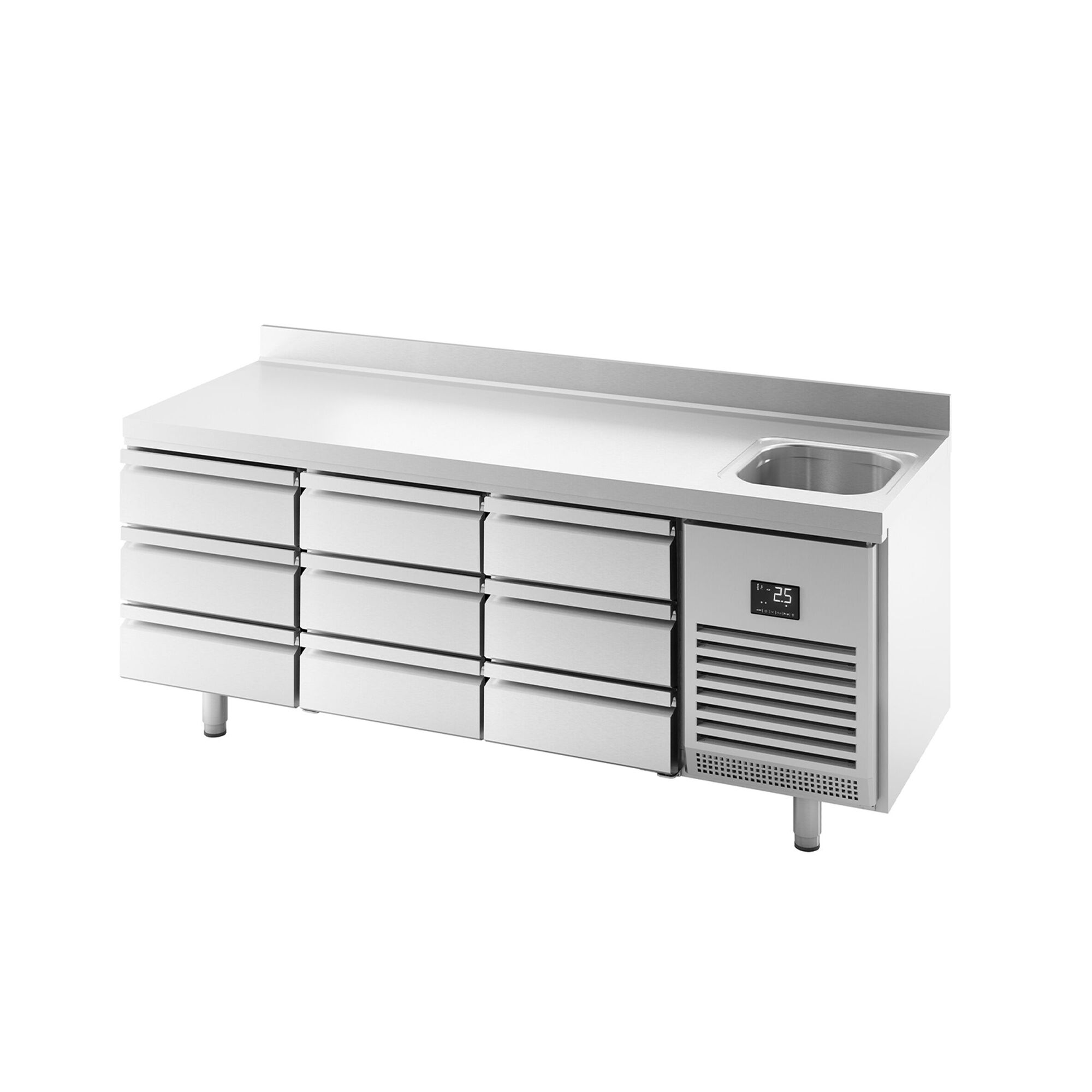Kühltisch Premium PLUS - 1960x700mm - mit 1 Becken, 9 Schubladen - Aufkantung