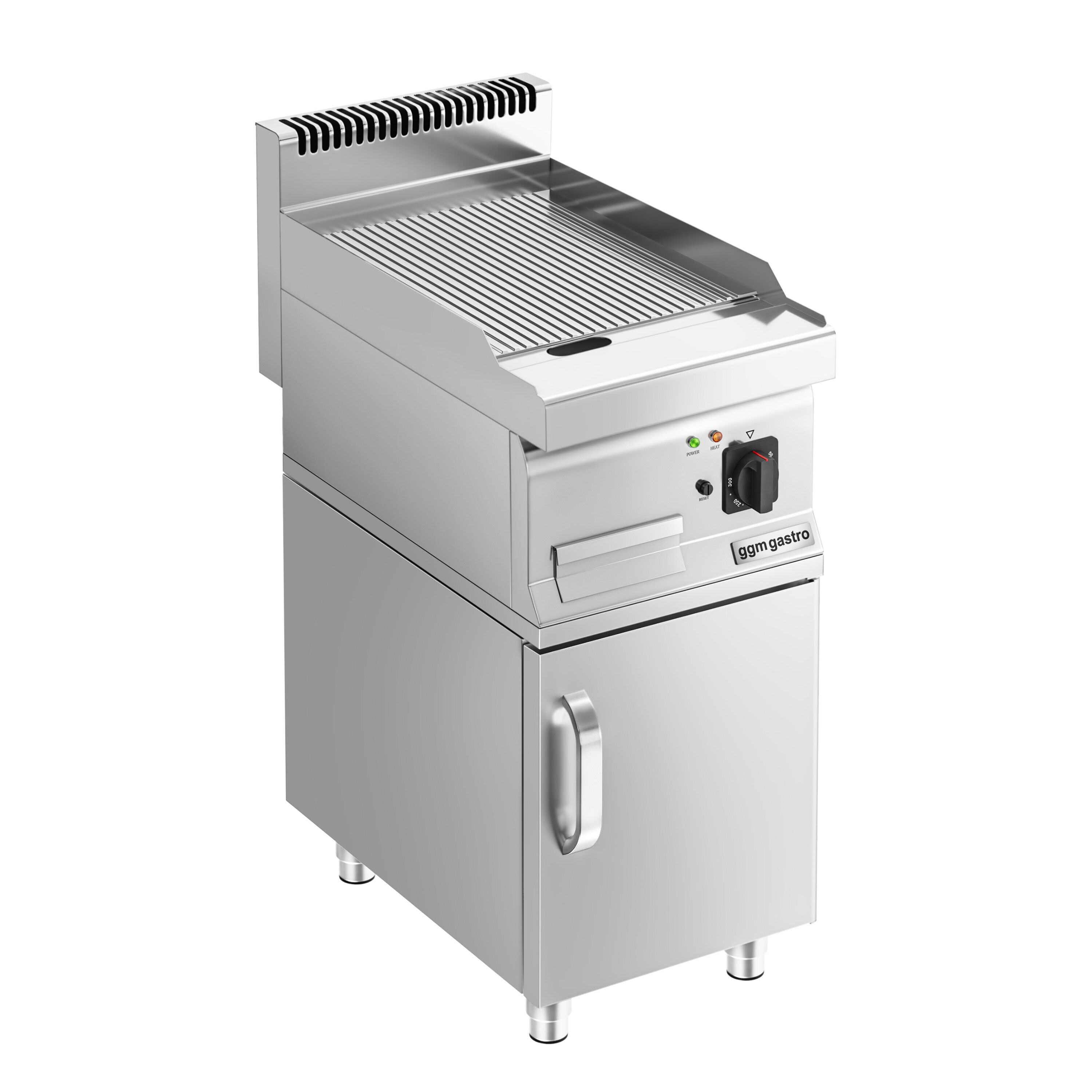 Commercial Electric Griddle - 3.6kW - Ribbed Plate - Cooking area: 395x535mm - with Cabinet Base - 1 Door