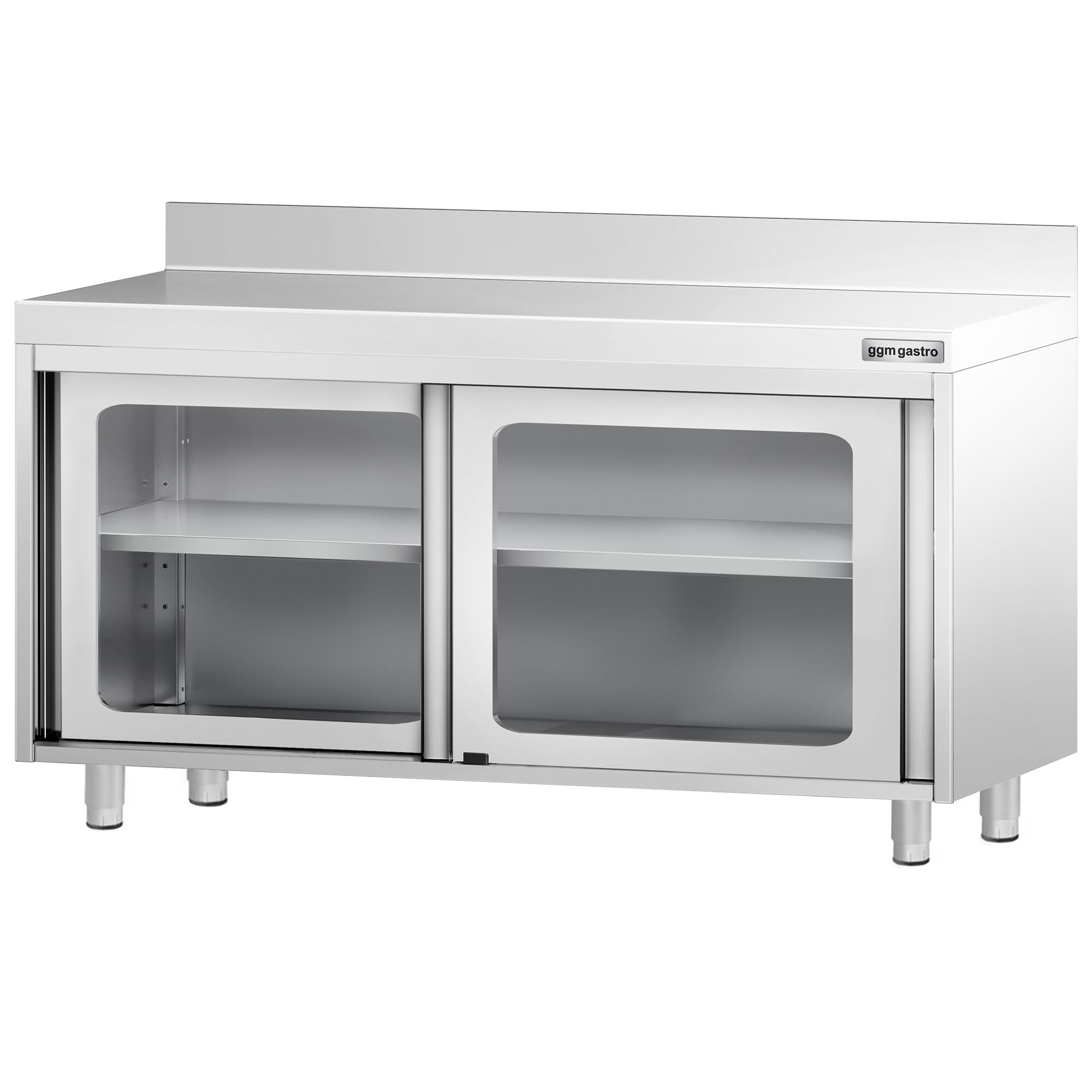 Table armoire en acier inoxydable PREMIUM - 1400x600mm - avec portes coulissantes vitrées - avec dosseret