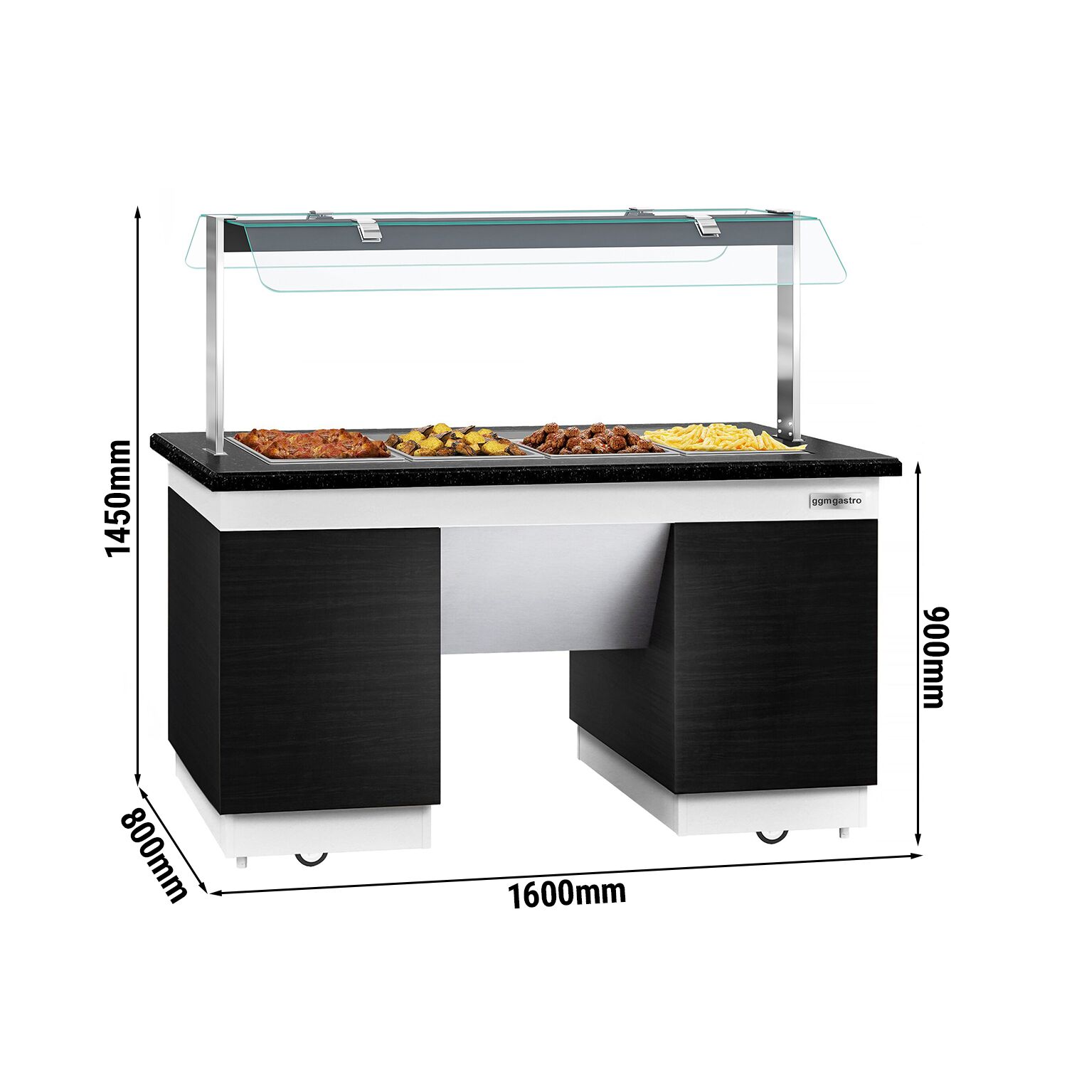Buffet chaud DUBLIN - 1600mm - avec bain-marie - sur roulettes - pour 4x GN 1/1 - Noir