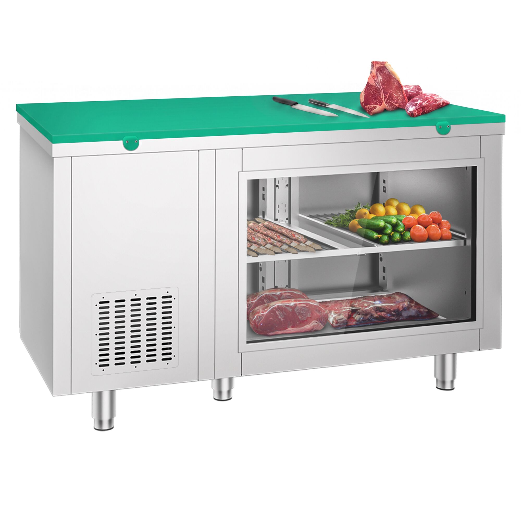 Refrigerated Counter – 1400 × 700 mm – Rear Side with 2 Doors – Glass Front – incl. Green Cutting Board