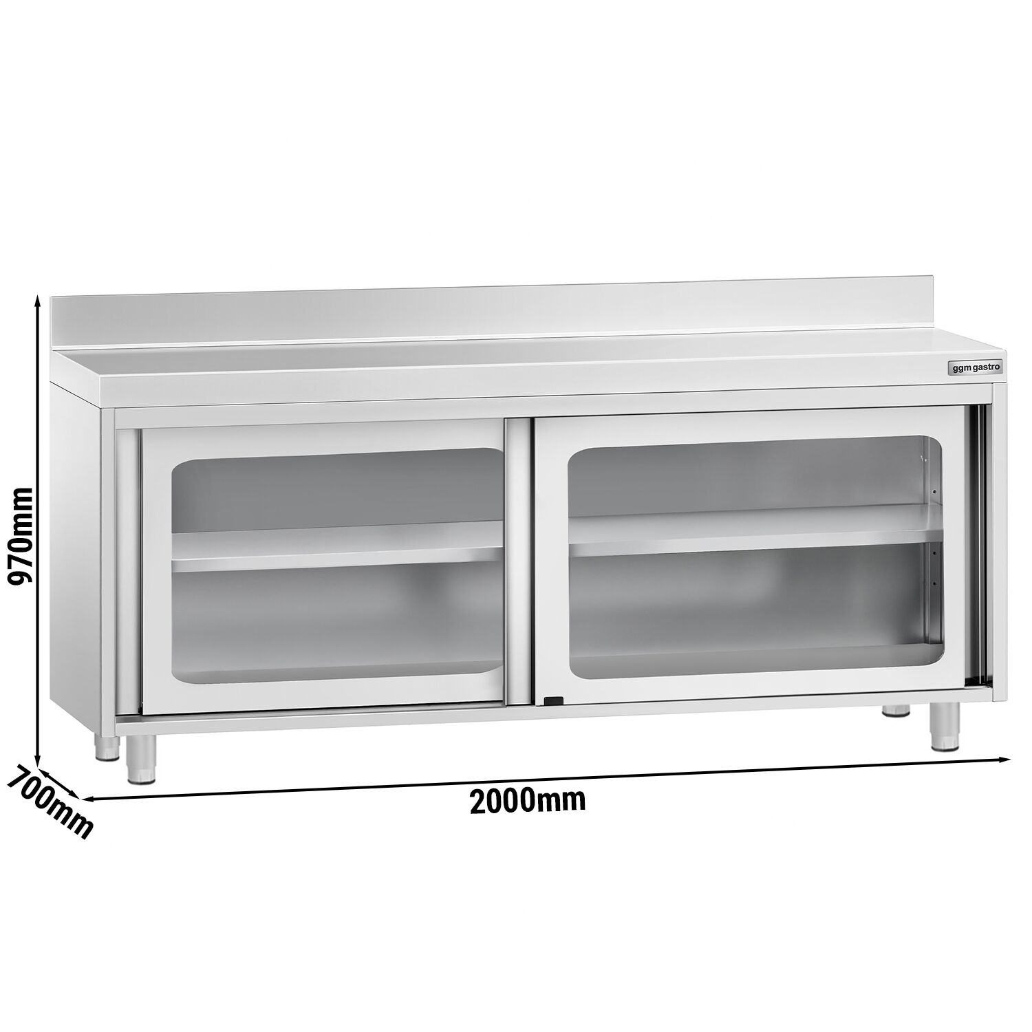 Table armoire en acier inoxydable PREMIUM - 2000x700mm - avec portes coulissantes vitrées - avec dosseret