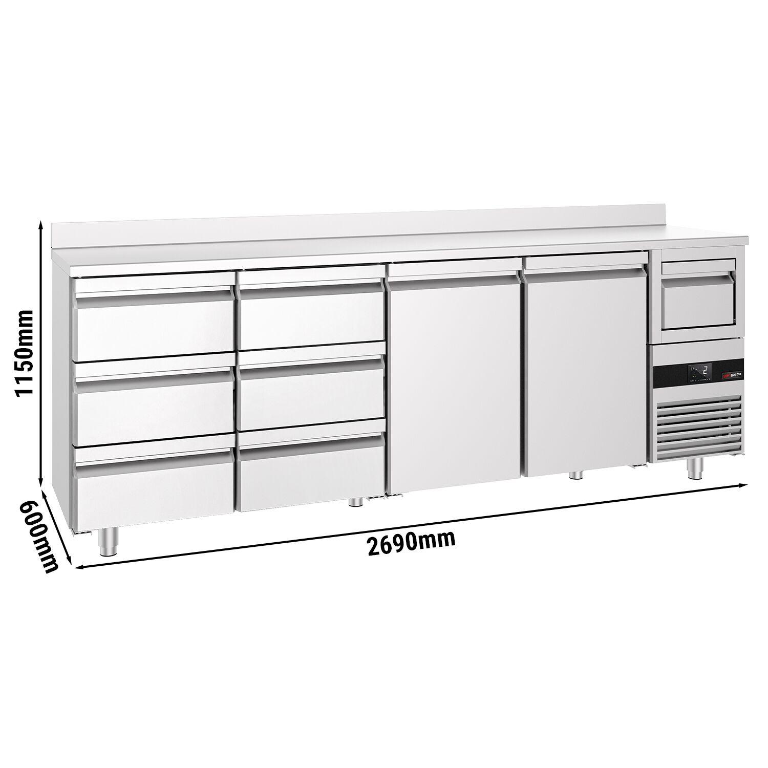 Arrière-bar réfrigéré professionnel PREMIUM - 2690 x 600 mm - avec 2 portes et 6 tiroirs - avec dosseret - avec tiroir à marc de café