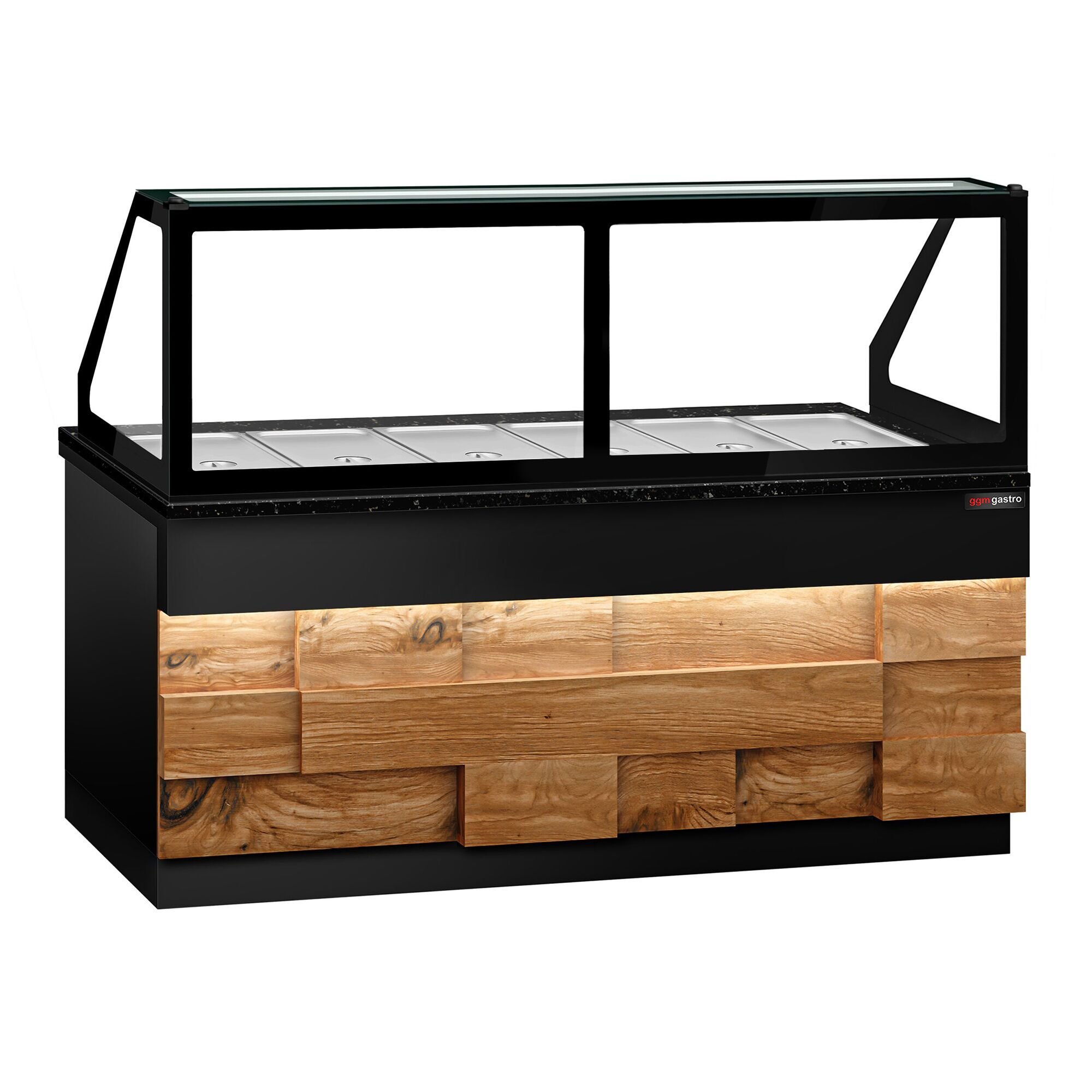 Vitrine chauffante TORONTO – 2100 mm – façade en bois – pour 6 × GN 1/1 – plan de travail en granit noir