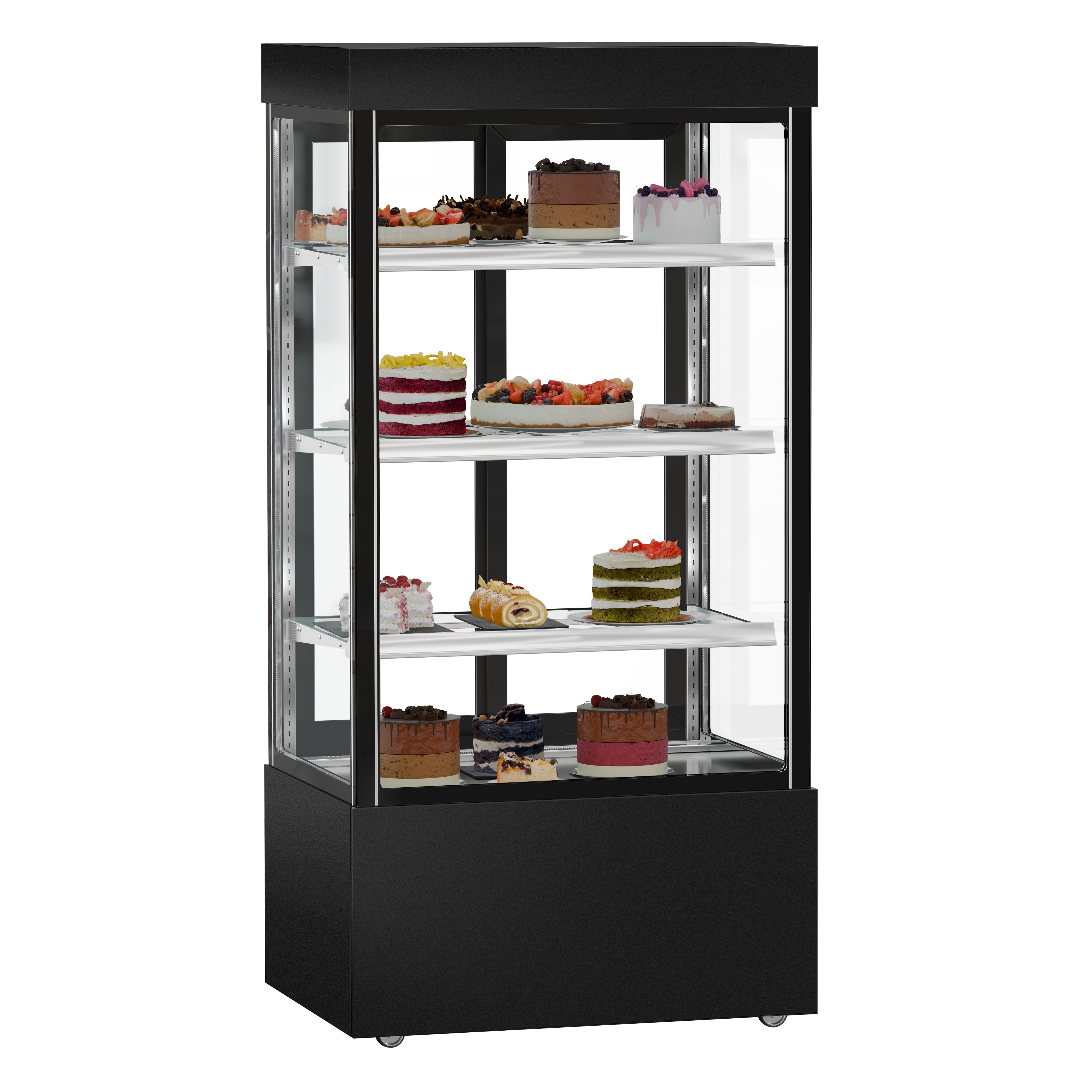 Vitrine réfrigérée 4 faces vitrées MADRID - 850L - 1000mm - Double vitrage - avec 3 étagères en verre - portes coulissantes vitrées arrière - Noir mat