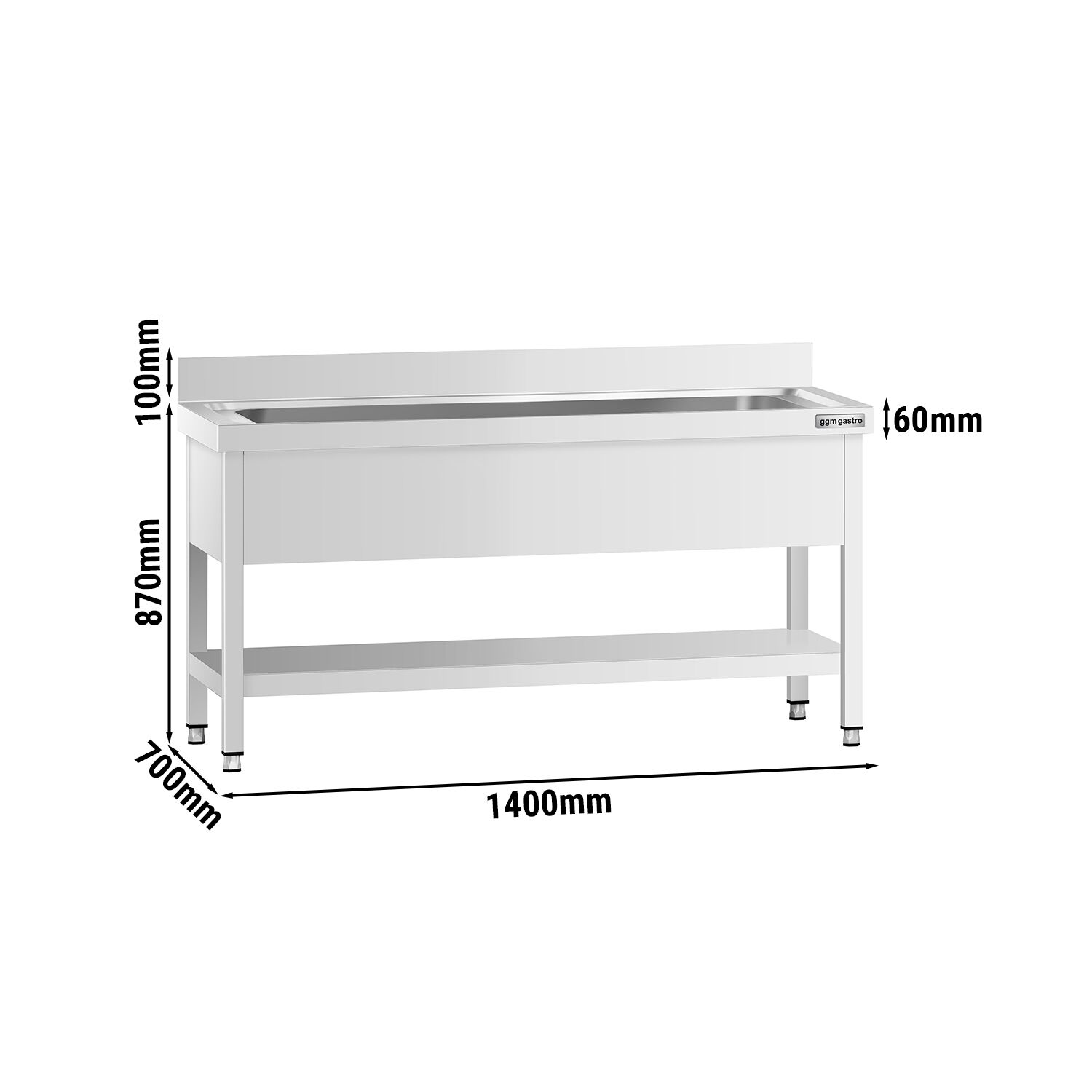 Commercial Pot Sink Table Premium - 1400x700 - Bottom shelf - 1 Bowl