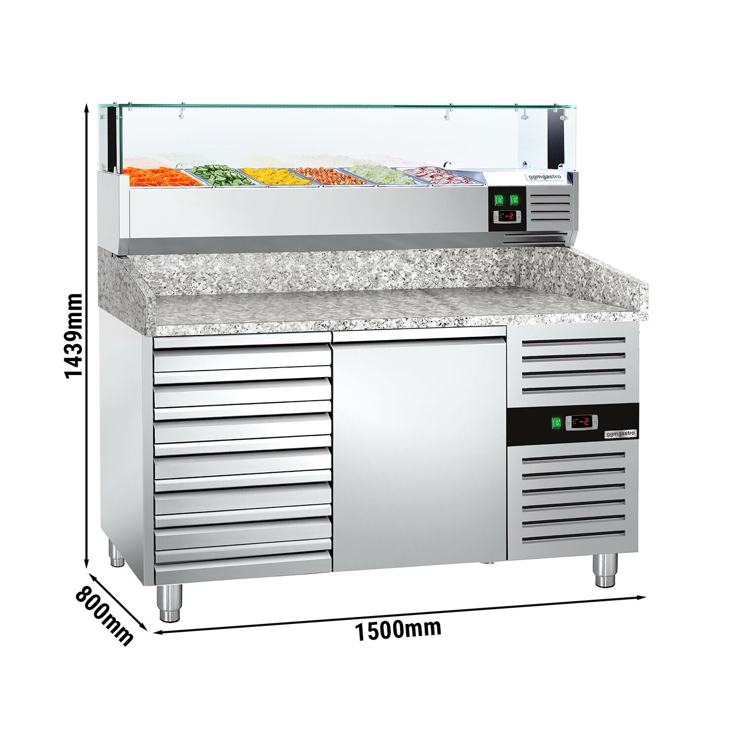 Table réfrigérée pour pizza PREMIUM - 1500 x 800 mm - avec 1 porte & 7 tiroirs - incl. vitrine réfrigérée avec LED - 5 x GN 1/3 + 1 x GN 1/2