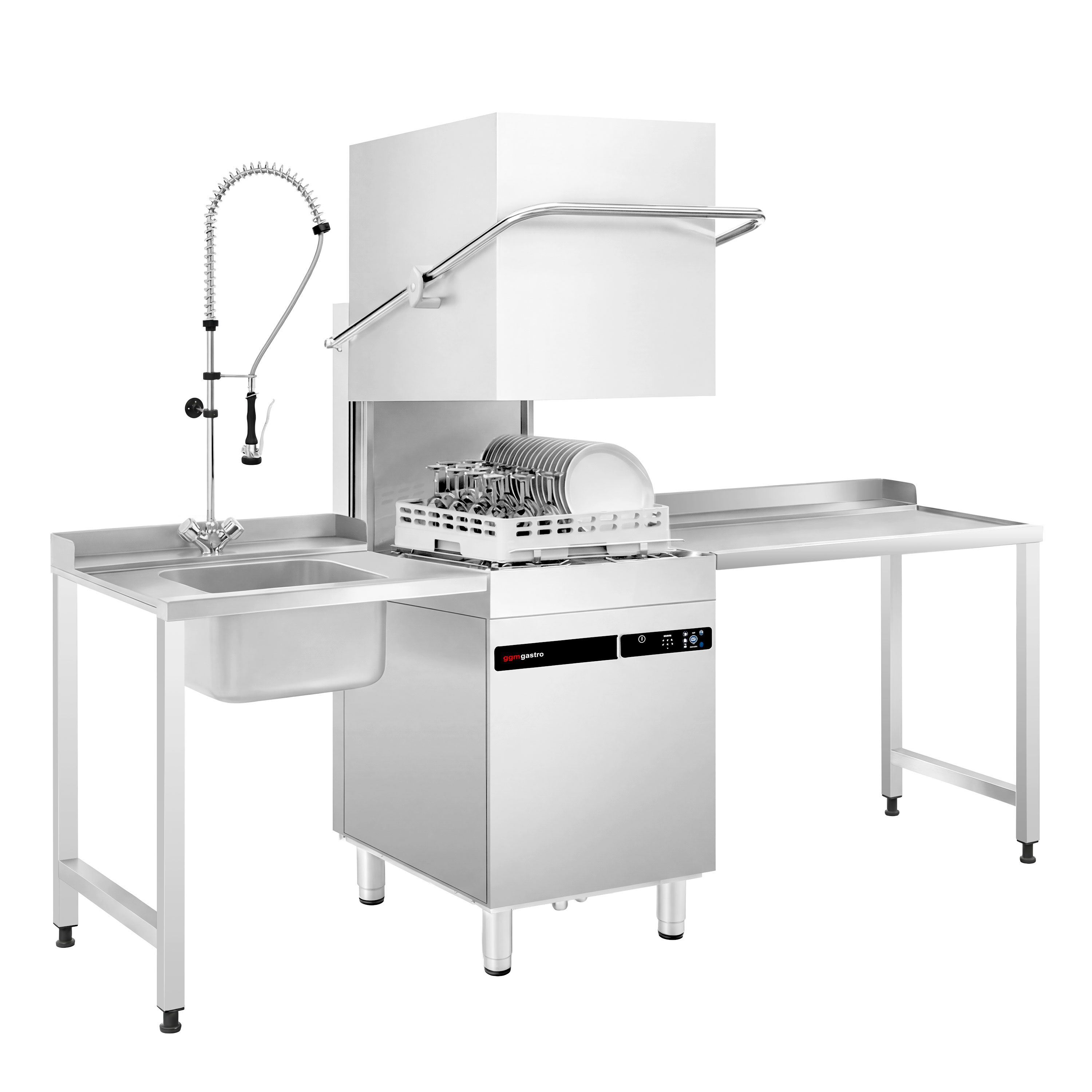 Lave-vaisselle à capot – Écran tactile – 9,66 kW – avec table d’entrée à gauche et table de sortie à droite incluses – avec pompe de détergent, de rinçage et de vidange