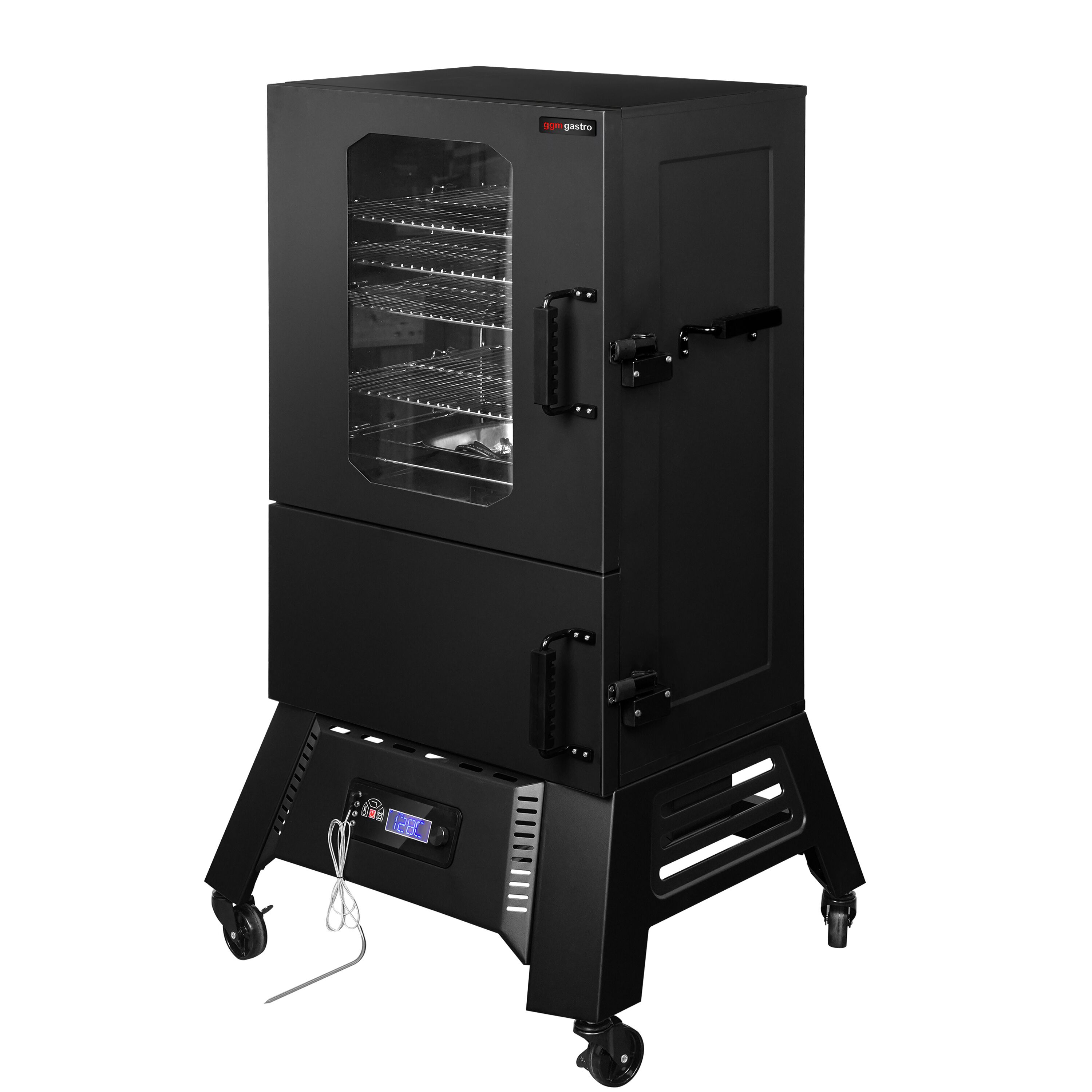 Fumoir électrique professionnel - Commande électronique - avec 4 étagères - 670x739mm - sur roulettes - Noir - fumage à chaud et à froid