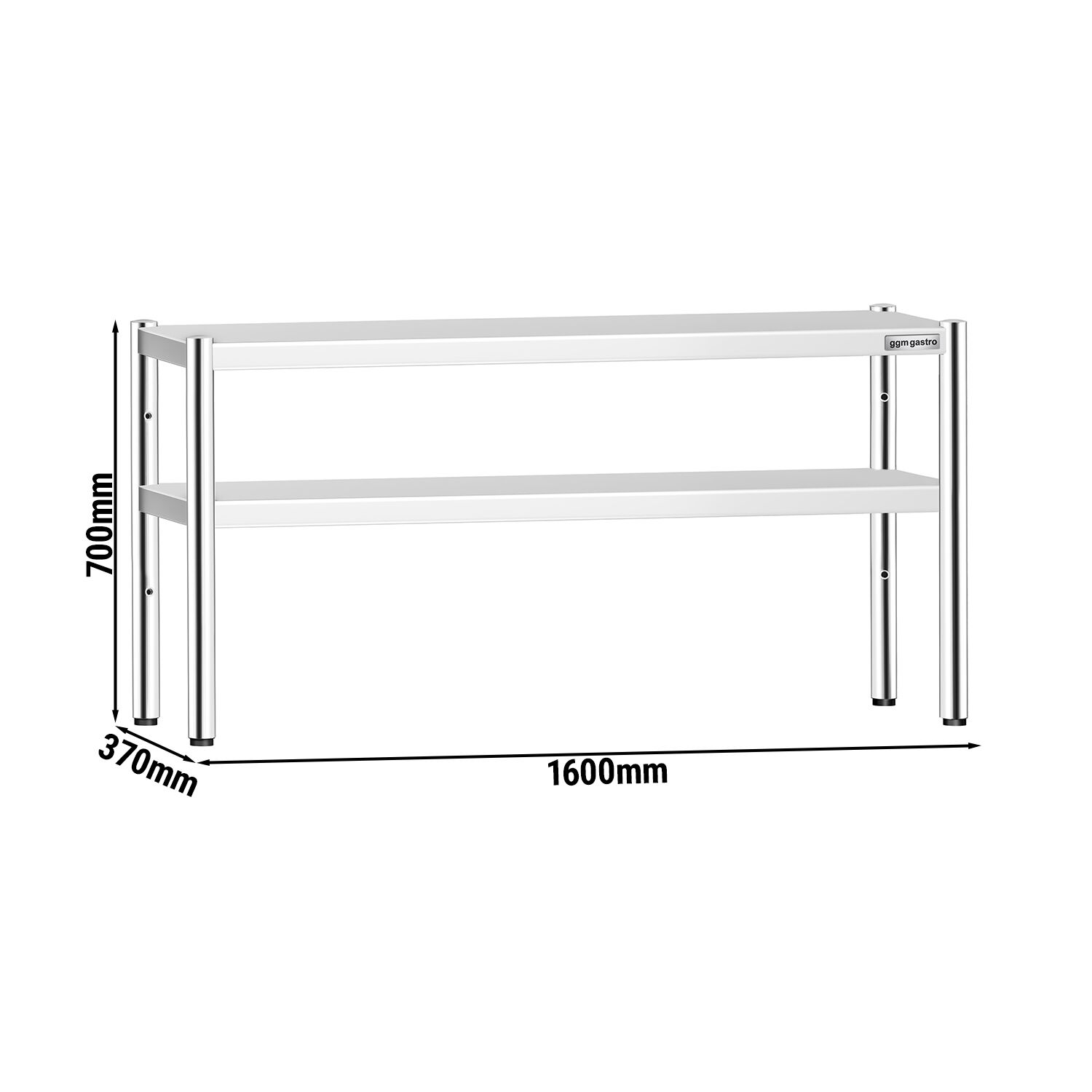 Étagère supérieure en inox – 2 niveaux – 1600 × 370 mm – hauteur réglable