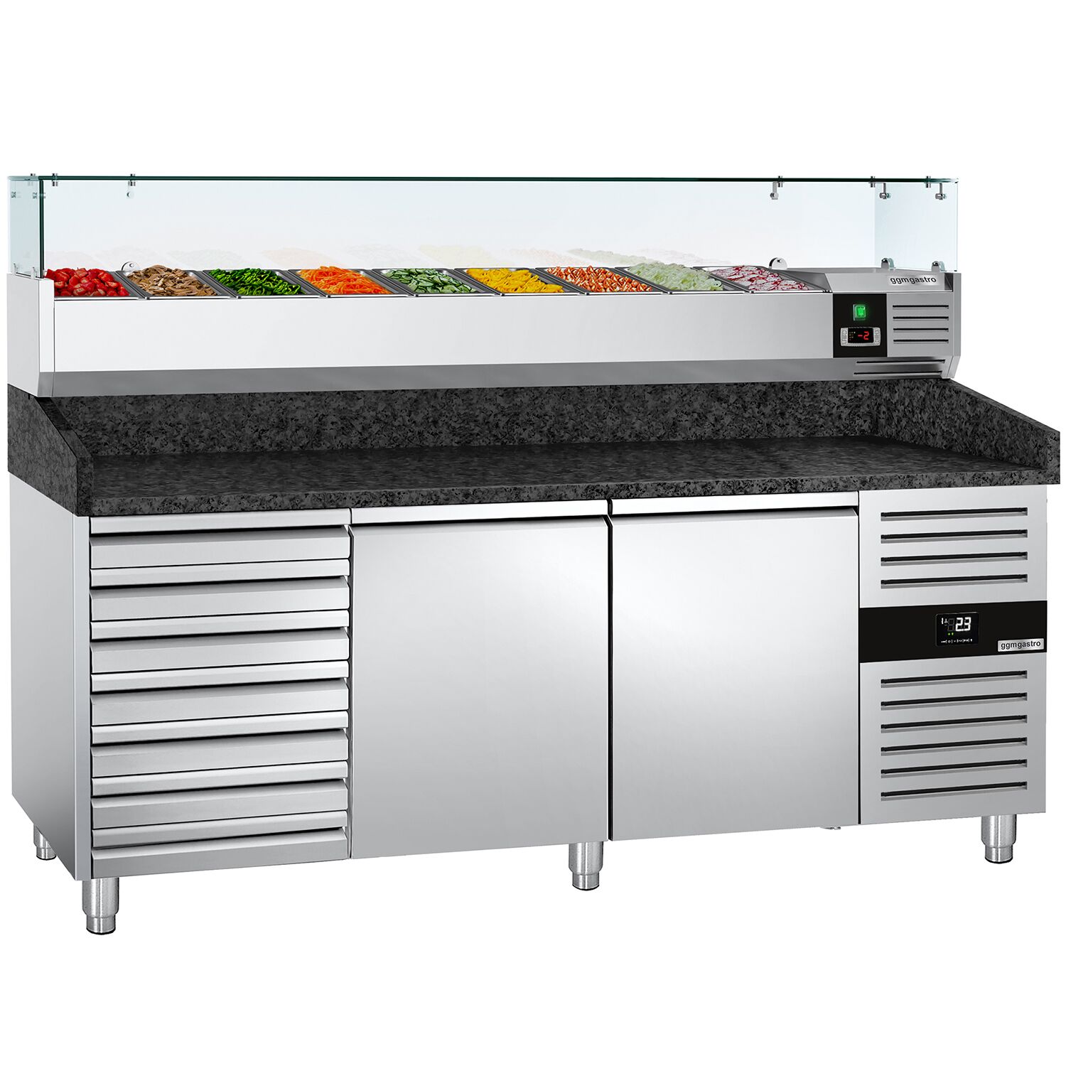 Table réfrigérée à pizza PREMIUM - 2000 x 800 mm - avec 2 portes et 7 tiroirs - incl. vitrine réfrigérée - 9 x GN 1/3