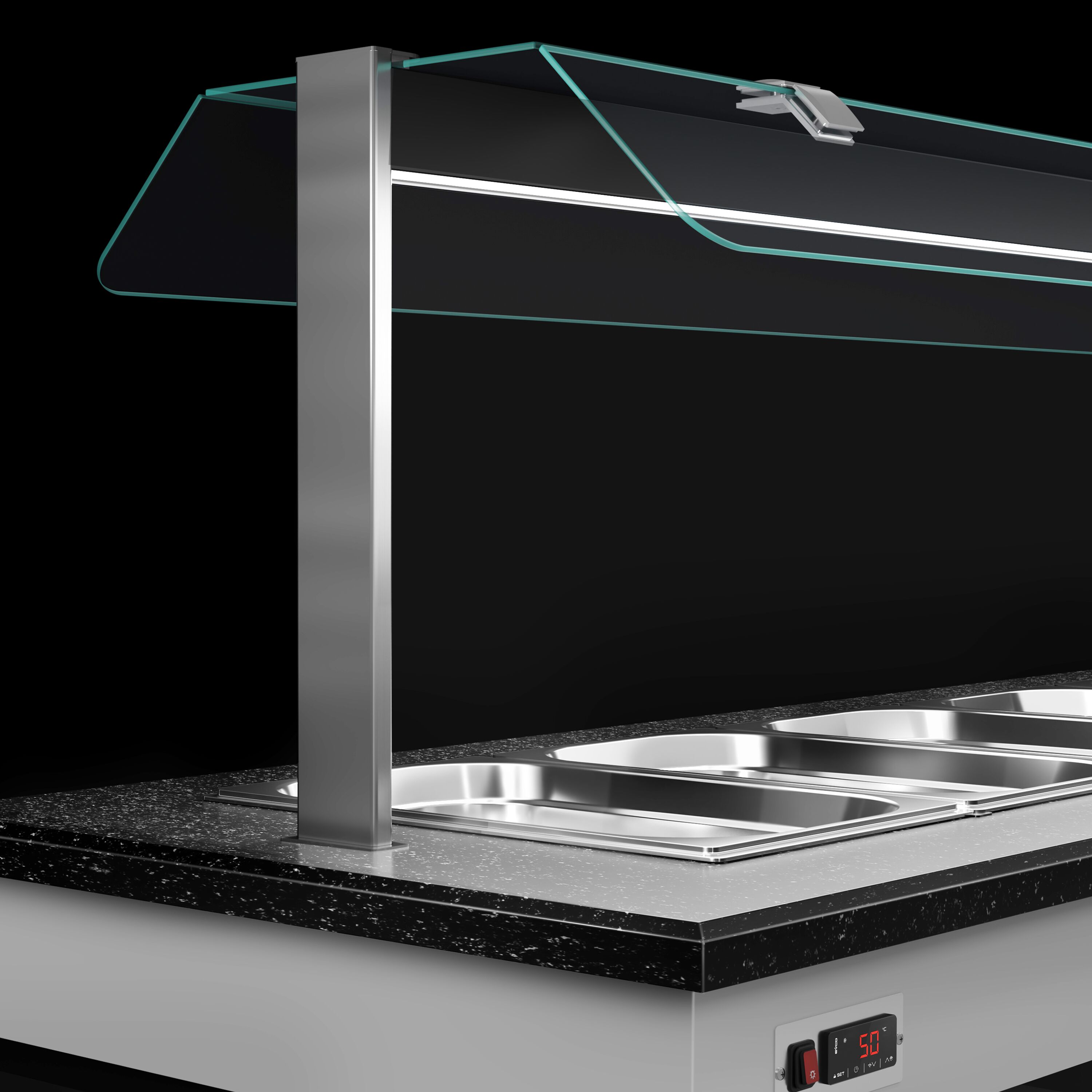 Heated Bain Marie Counter BELFAST - 1600mm - with Bain Marie Well + Flat Glass Sneeze Guard - on Castors - for 4x GN 1/1 - Black