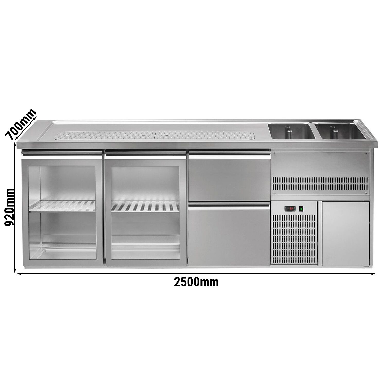 Comptoir de bar réfrigéré Premium PLUS - 2500x700mm - 2 portes vitrées & 2 tiroirs