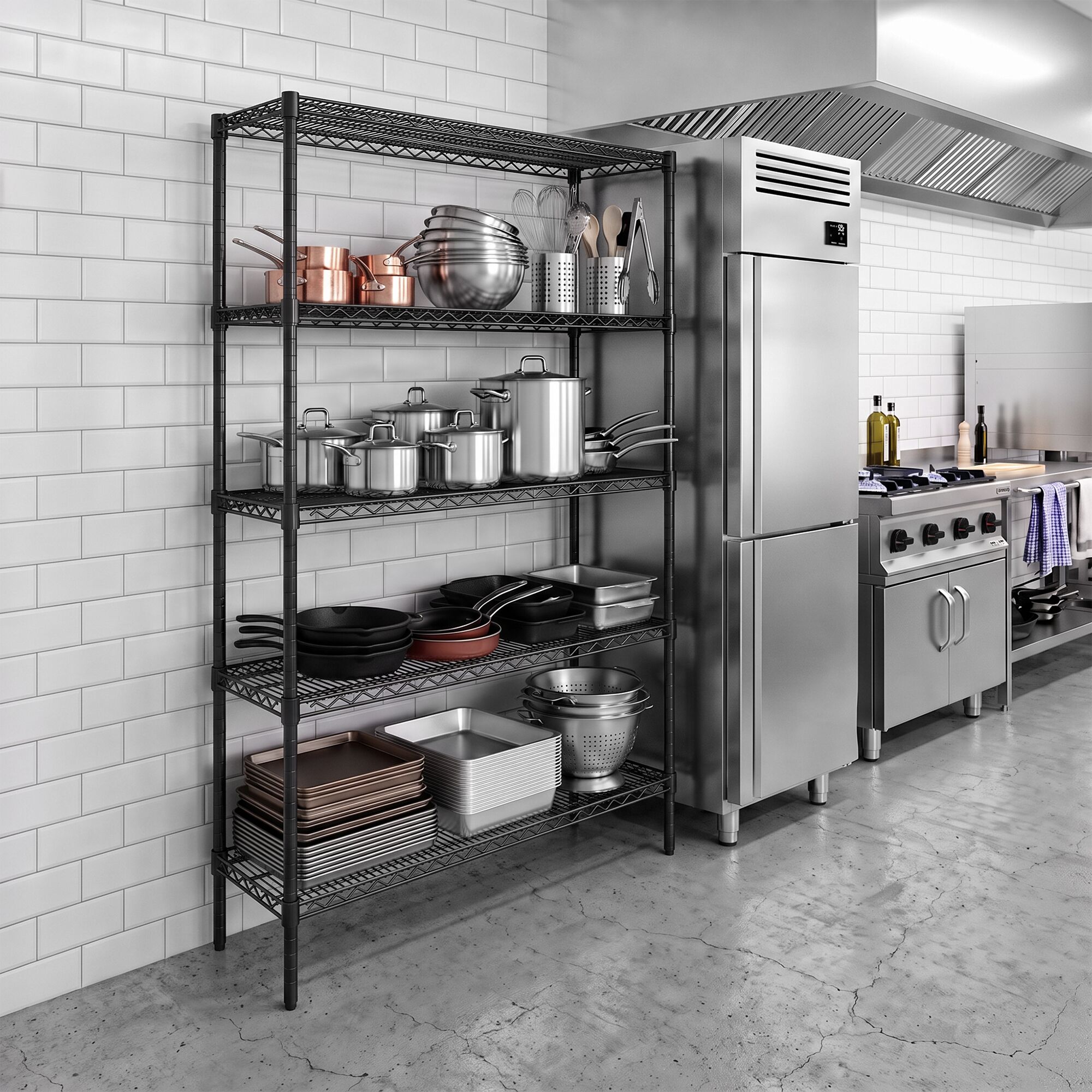 Stalen rek - 1500 x 450 mm - 5 legplanken - Zwart