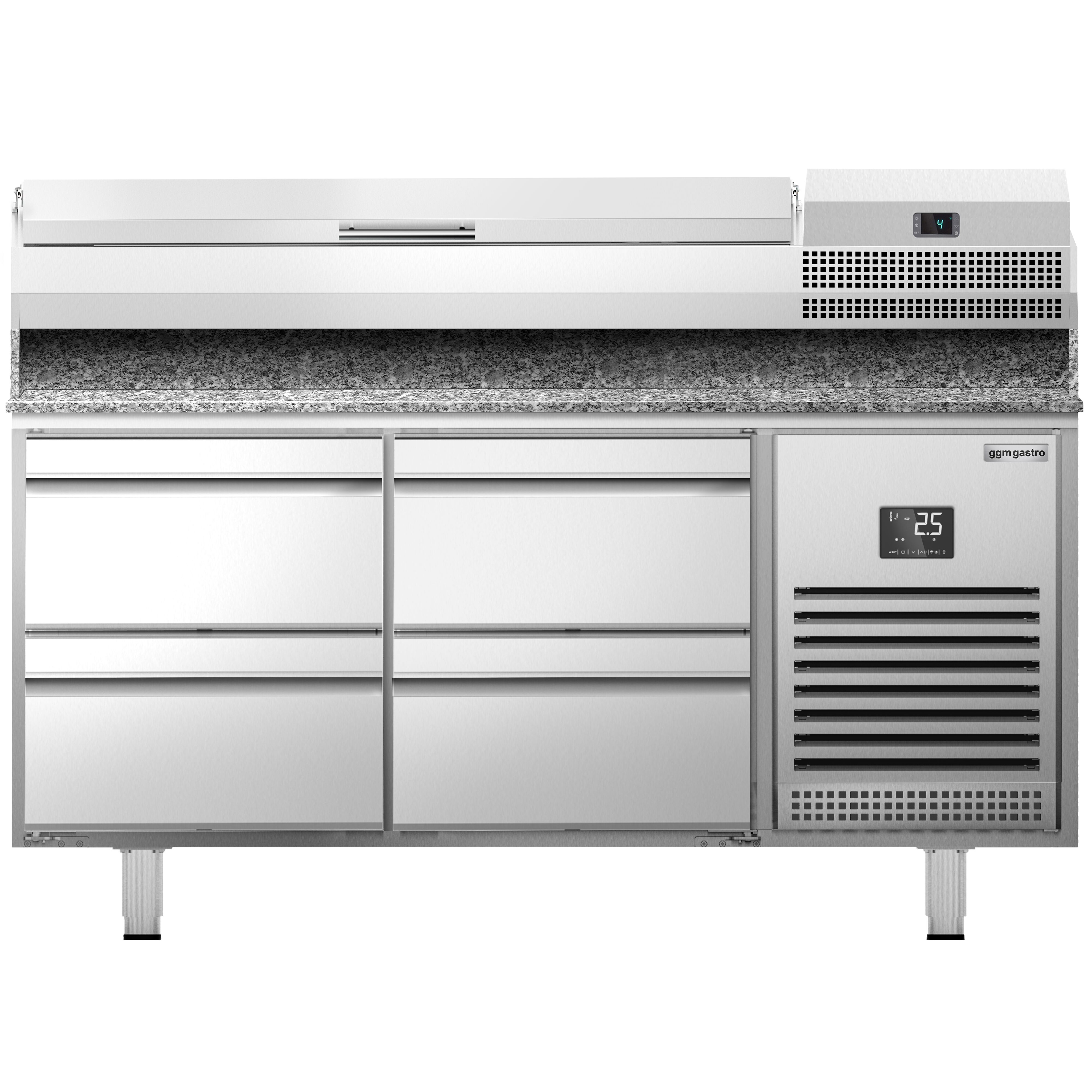 Table réfrigérée à pizza Premium PLUS - 1490x700 mm - avec 4 tiroirs - incl. vitrine réfrigérée - 6x GN 1/4