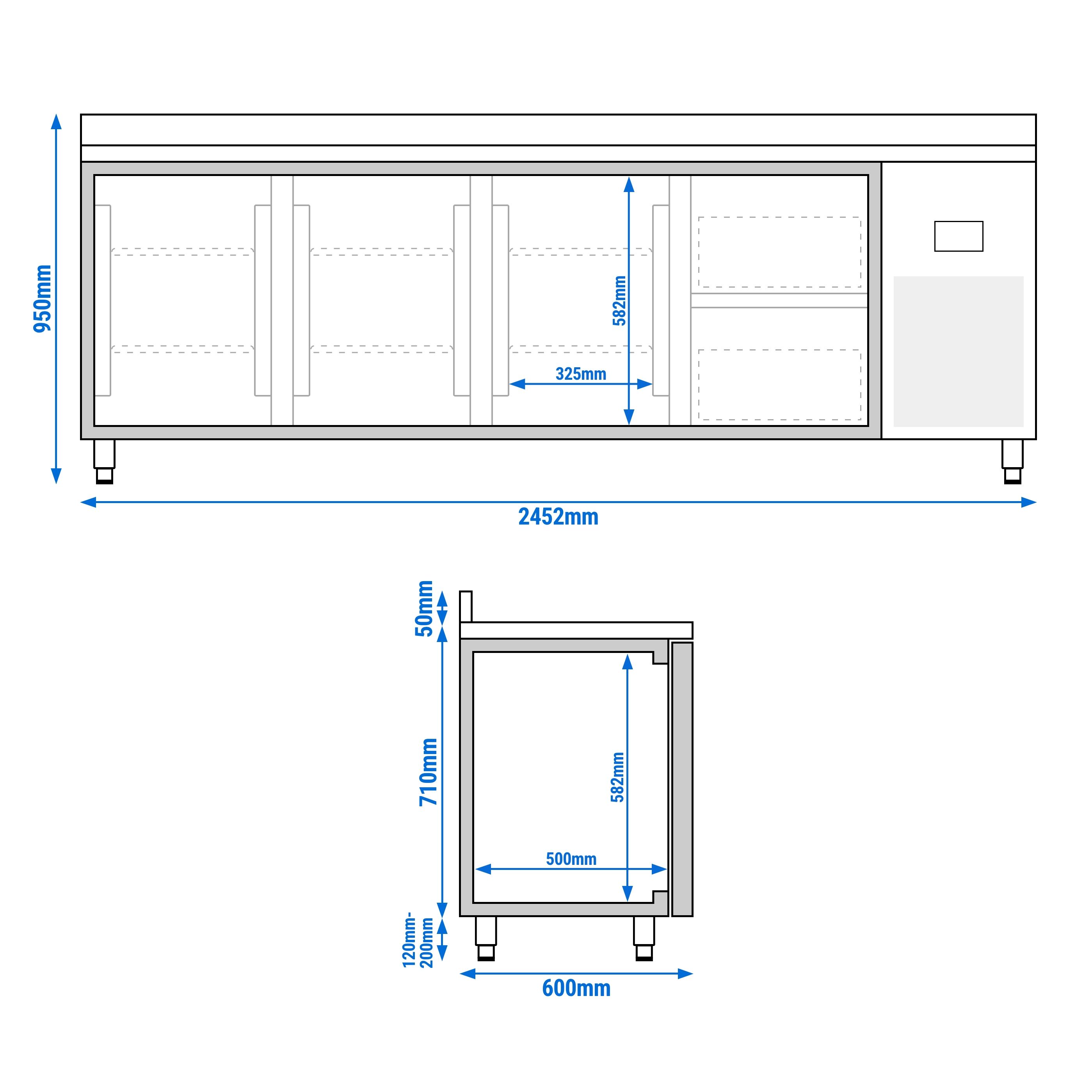 Table réfrigérée Premium PLUS - 2452x600 mm - avec 3 portes - 2 tiroirs - avec dosseret