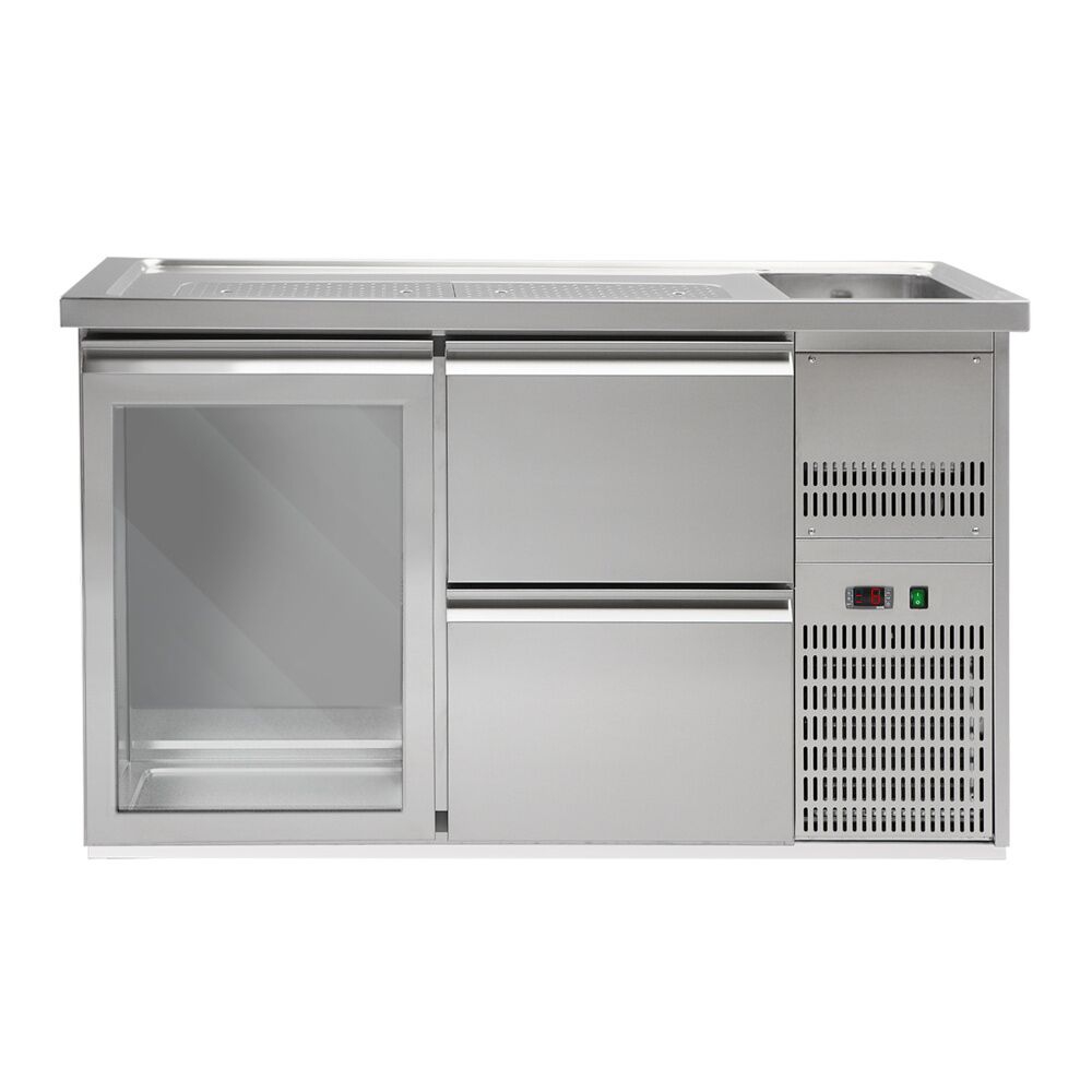 Comptoir de bar réfrigéré Premium PLUS – 1550 × 700 mm – 1 porte vitrée & 2 tiroirs