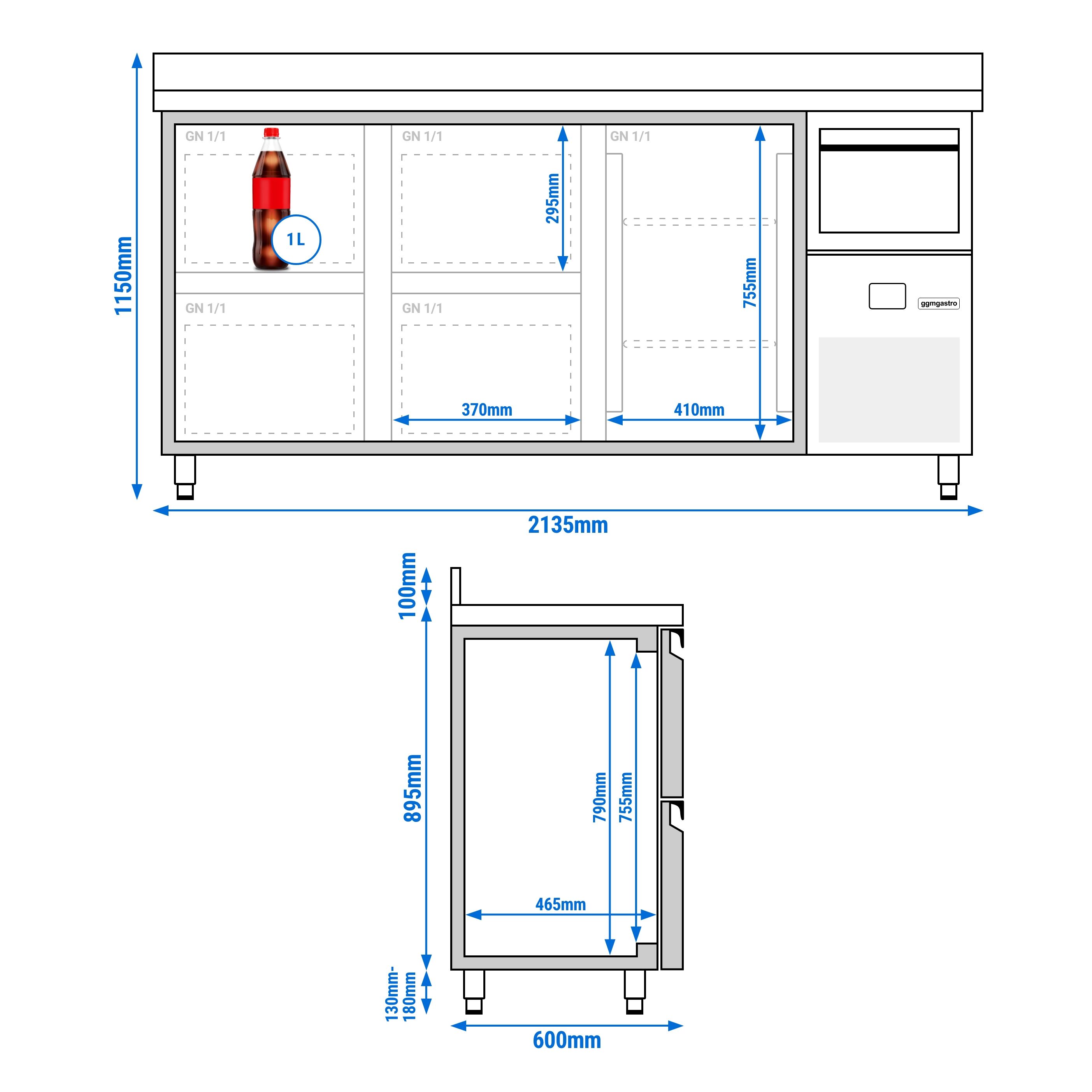 Arrière-bar réfrigéré professionnel  PREMIUM - 2130 x 600 mm - avec 1 porte et 4 tiroirs - avec dosseret - avec tiroir à marc de café