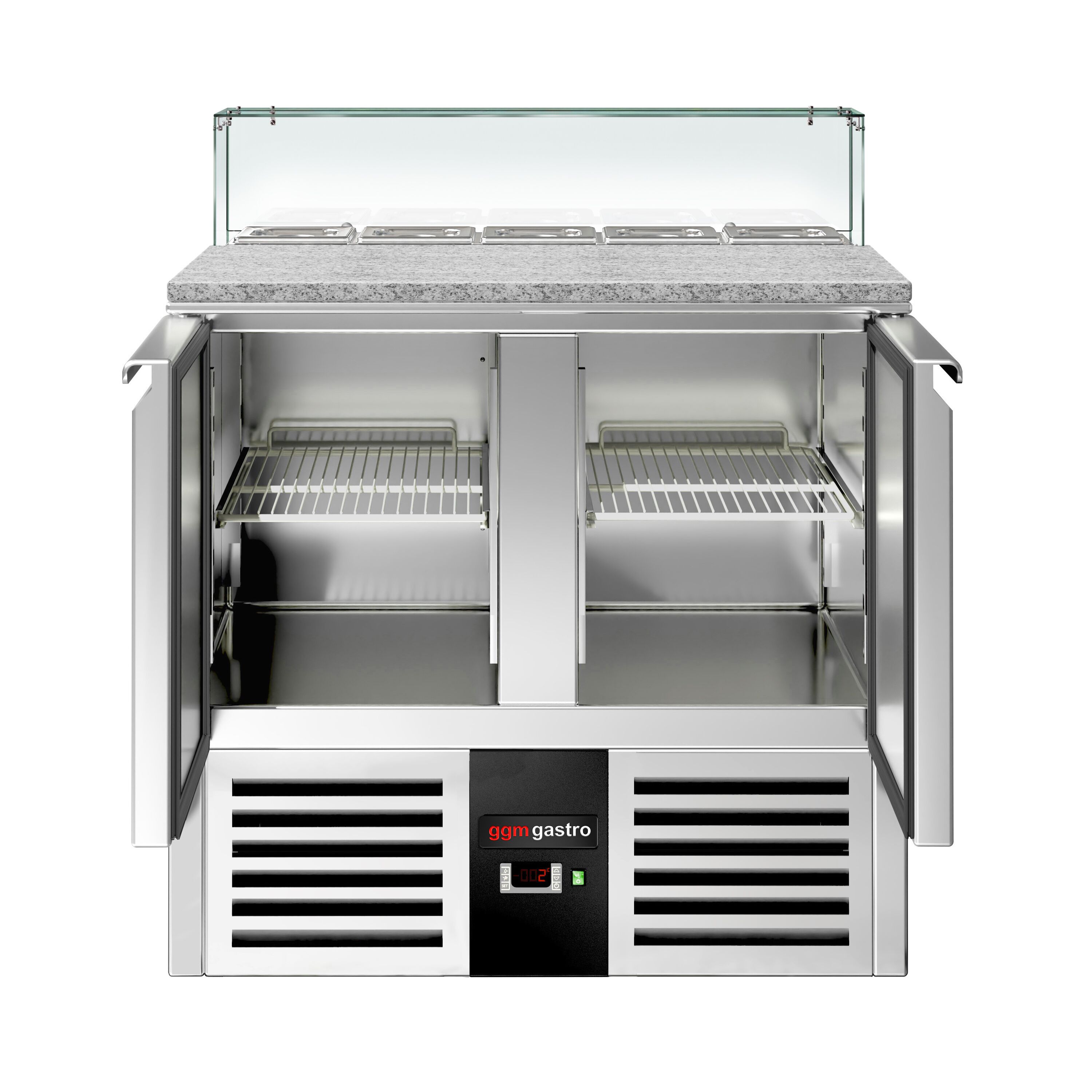 Saladette réfrigérée PREMIUM - 900mm - 240L - 2 portes - avec vitrine de comptoir pour 5x GN 1/6
