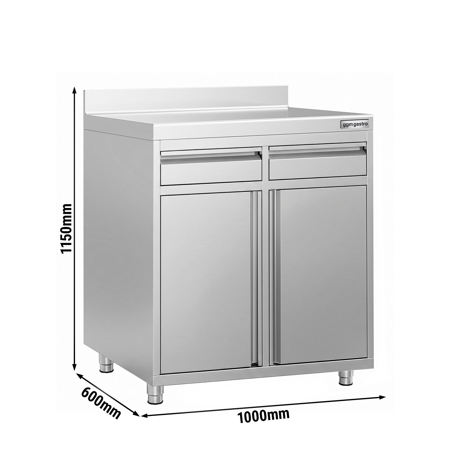 Arbetsskåp – för kaffebryggare – 1000 x 600 mm – med 2 dubbeldörrar, 2 lådor och upphöjd kant