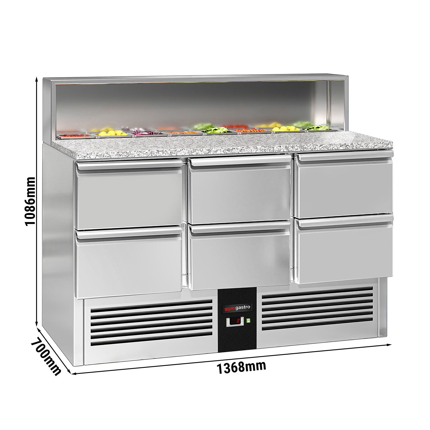 Saladette réfrigérée PREMIUM - 1368mm - 402L - 6 tiroirs - avec découpe pour 8x GN 1/6 & Couvercle inox - plan de travail en granit noir