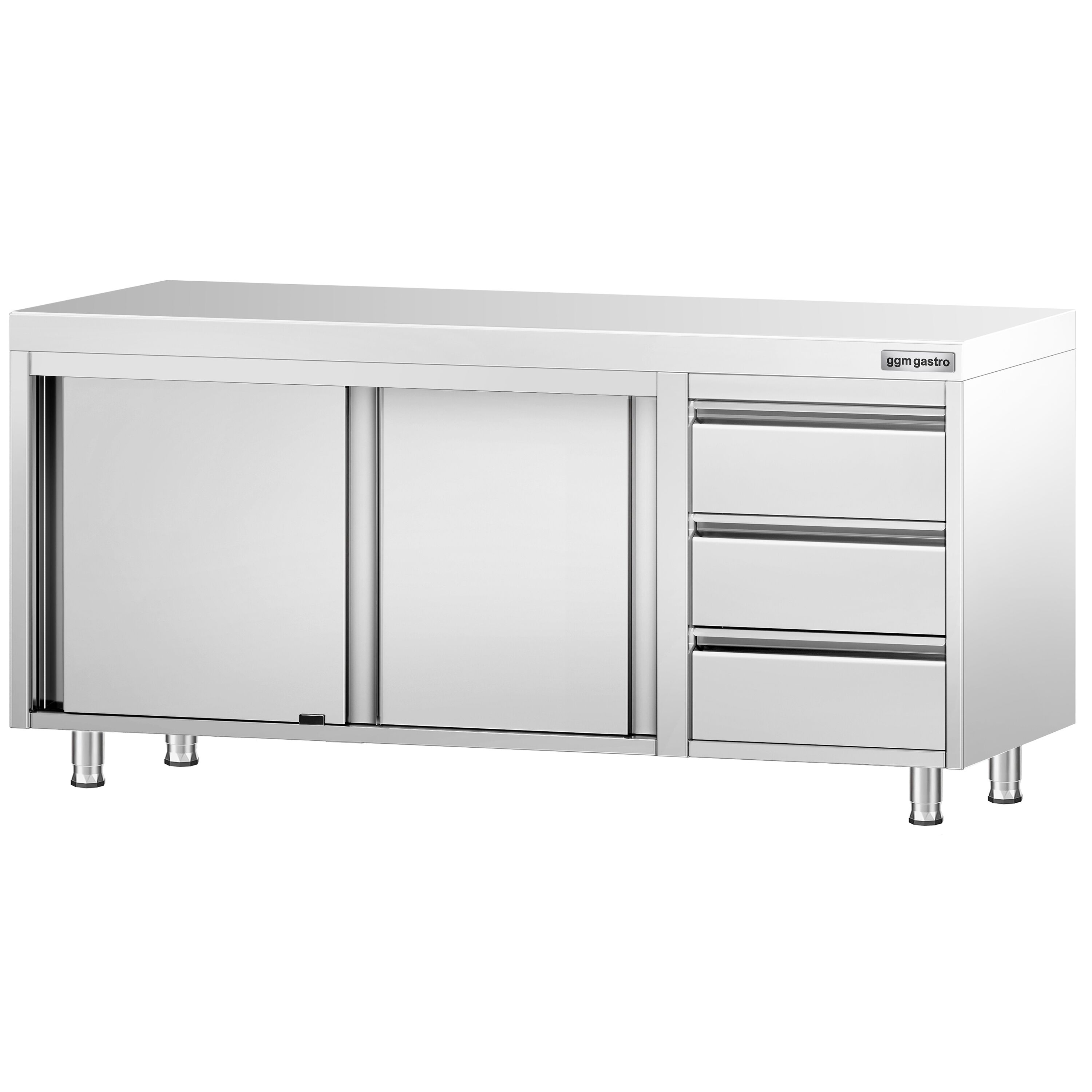 Table armoire en acier inoxydable PREMIUM - 1800x700mm - avec 3 tiroirs à droite et portes coulissantes