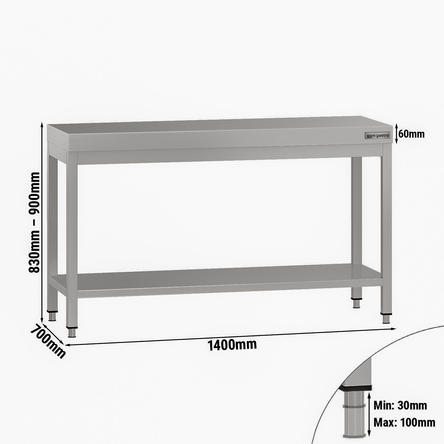 Table de travail en inox ECO – 1400 × 700 mm – avec tablette inférieure