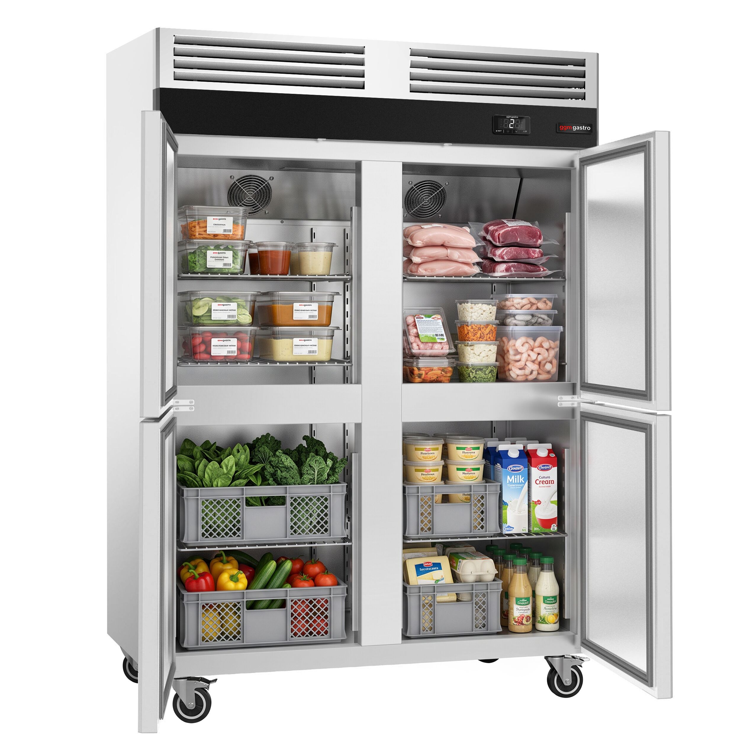 Commercial Upright Fridge – Stainless Steel ECO – GN 1/1 – 1700 Litres – with 4 Half Doors