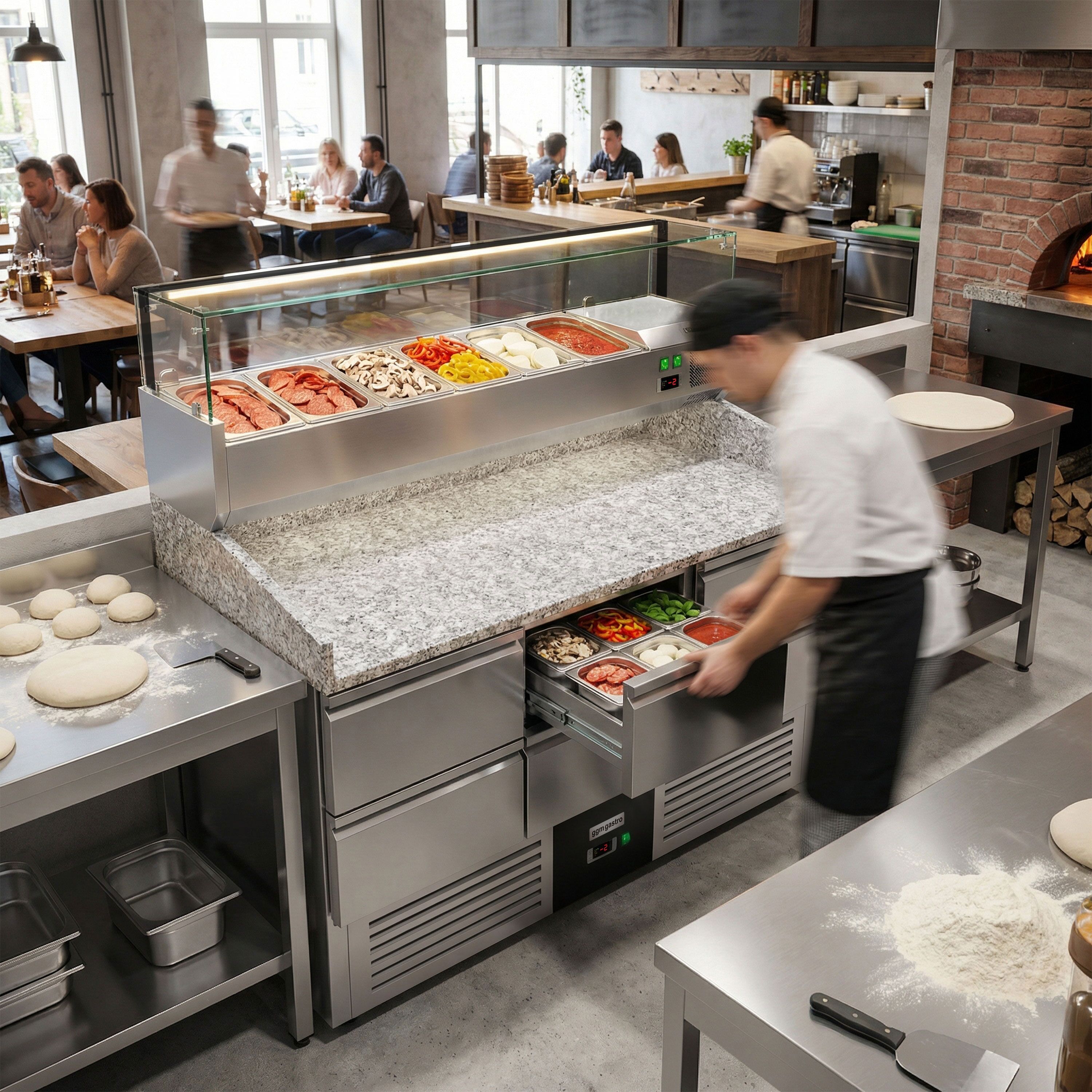 Table réfrigérée à pizza PREMIUM - 1400 x 700 mm - avec 6 tiroirs 1/2 - incl. vitrine réfrigérée 6 x GN 1/4