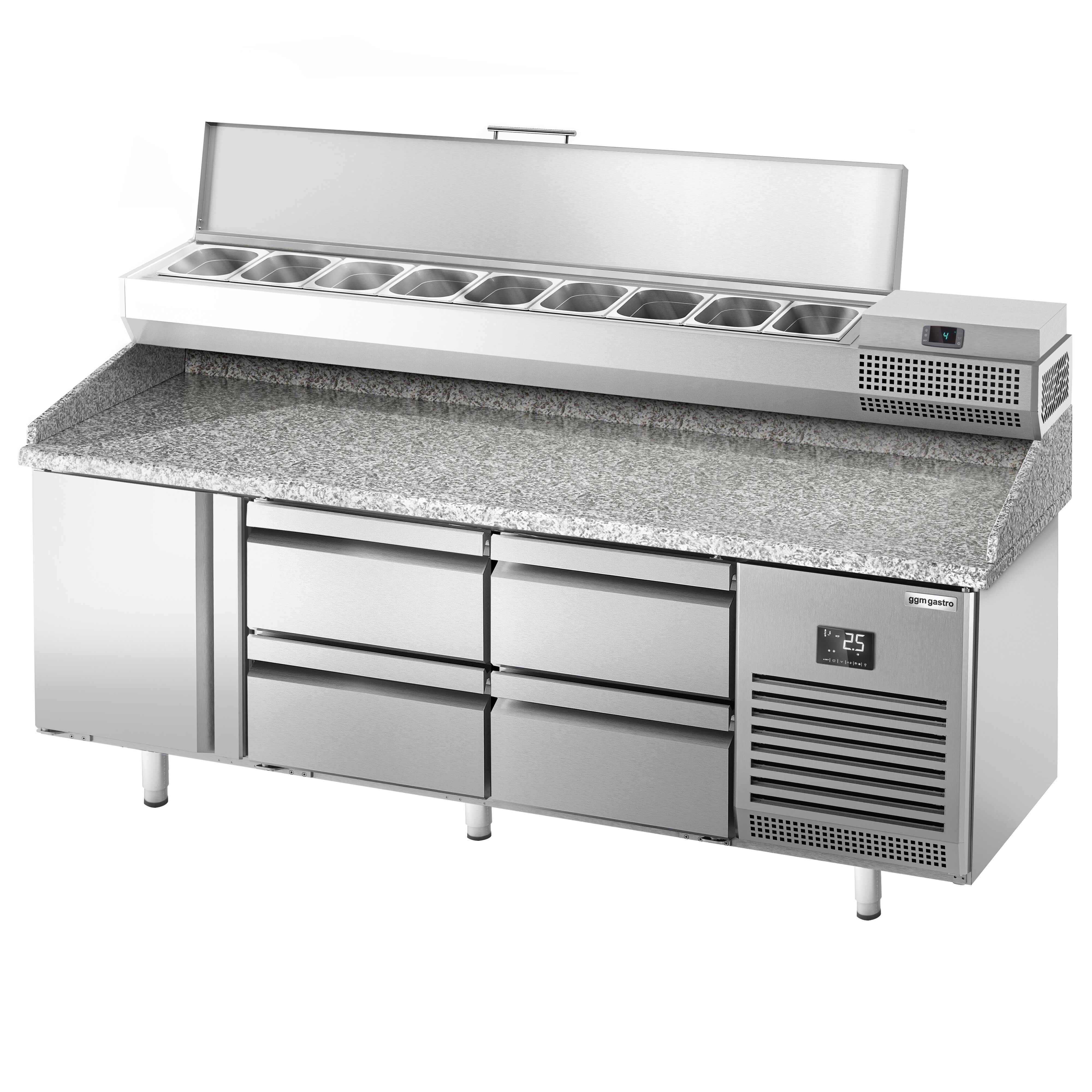 Table réfrigérée à pizza Premium PLUS - 1980x700 mm - avec 1 porte & 4 tiroirs - incl. vitrine réfrigérée - 9x GN 1/4
