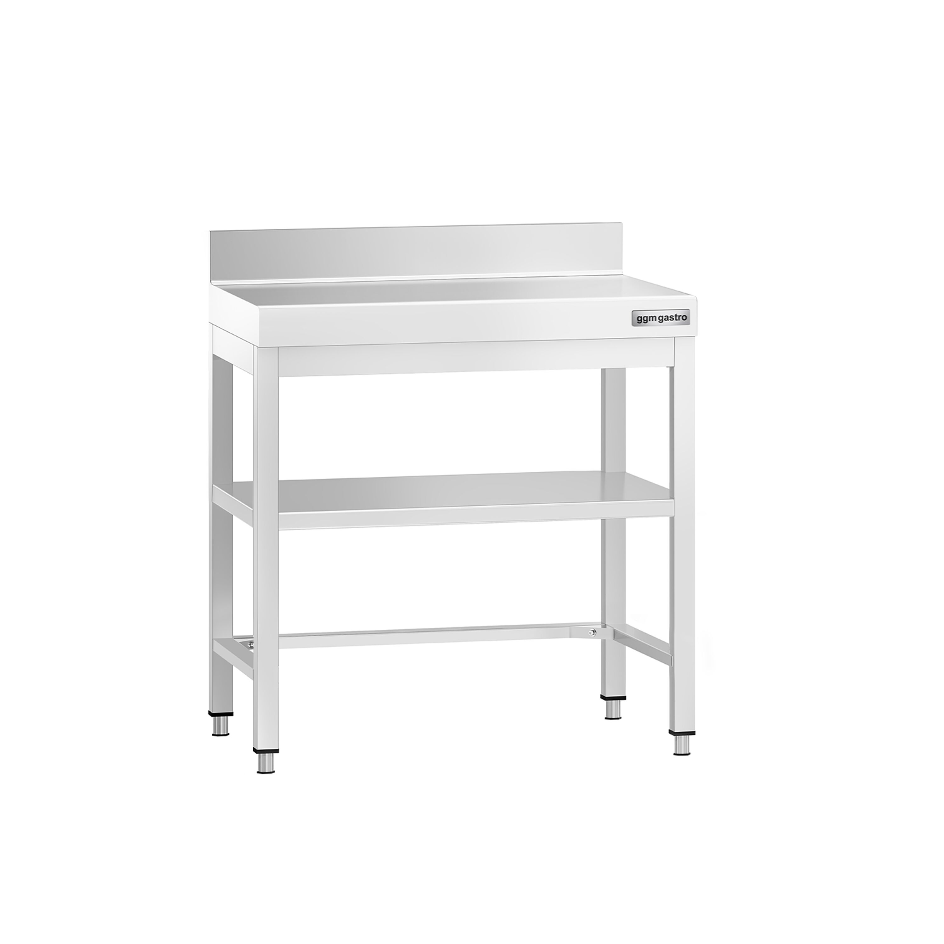 Table de travail en inox PREMIUM – 600x600 mm – avec tablette inférieure, dosseret et renforts