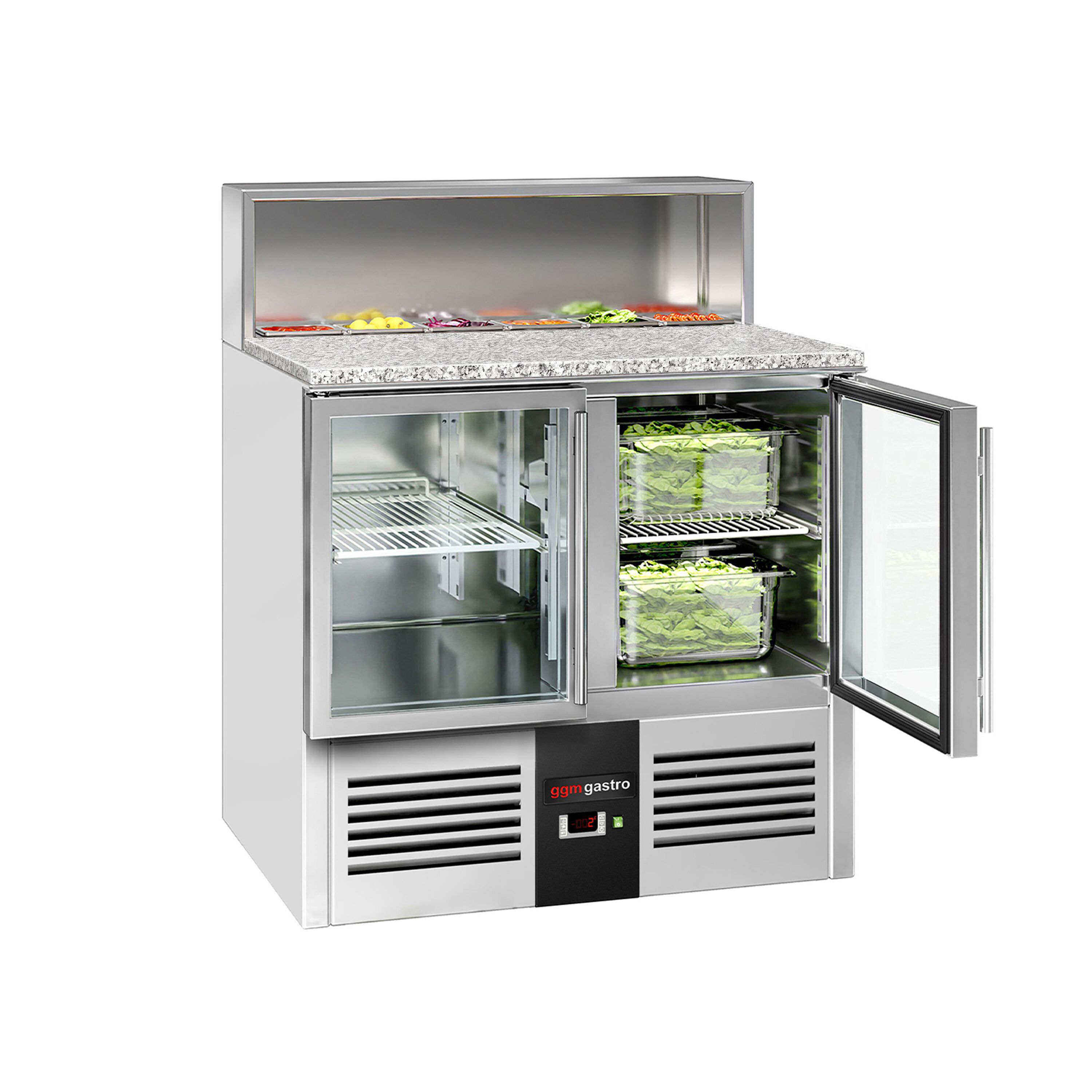 Saladette réfrigérée PREMIUM - 903mm - 240L - 2 portes vitrées - avec ensemble inox (dessus GN) pour 5x GN 1/6 & Couvercle inox - plan de travail en granit noir