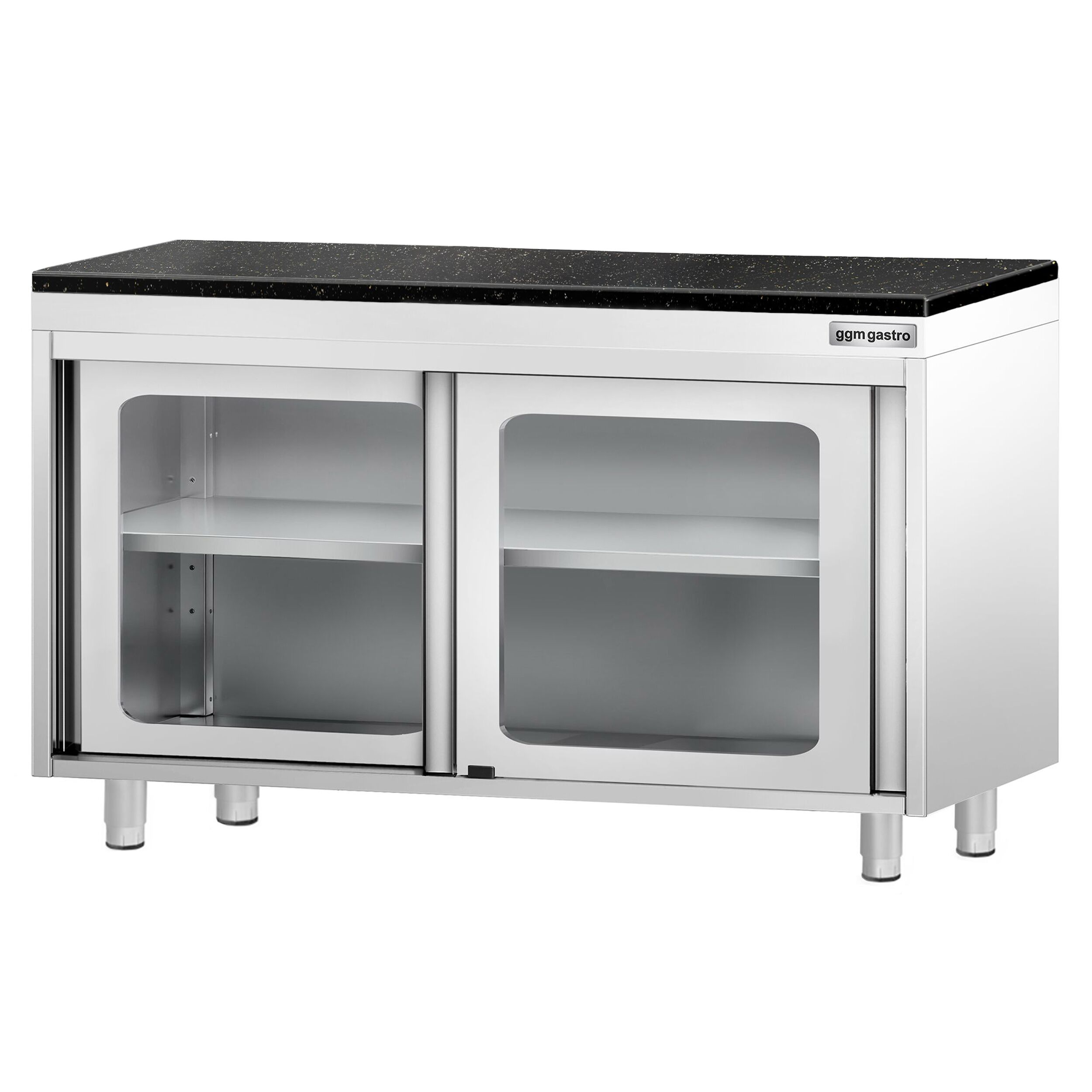 Edelstahl Arbeitsschrank PREMIUM - 1200x700mm - mit Glasschiebetür - inkl. Granitarbeitsplatte
