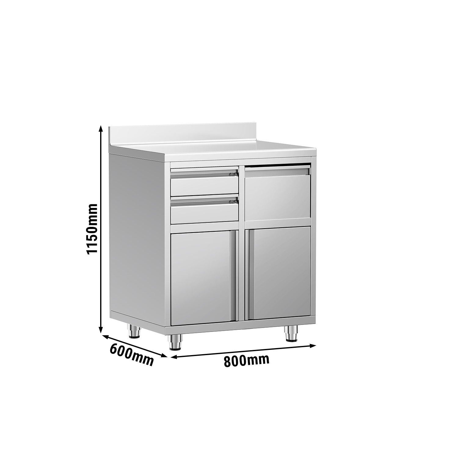 Table armoire en acier inoxydable - 800x600mm - avec portes battantes et 2 tiroirs - avec dosseret - pour cafetière à filtre